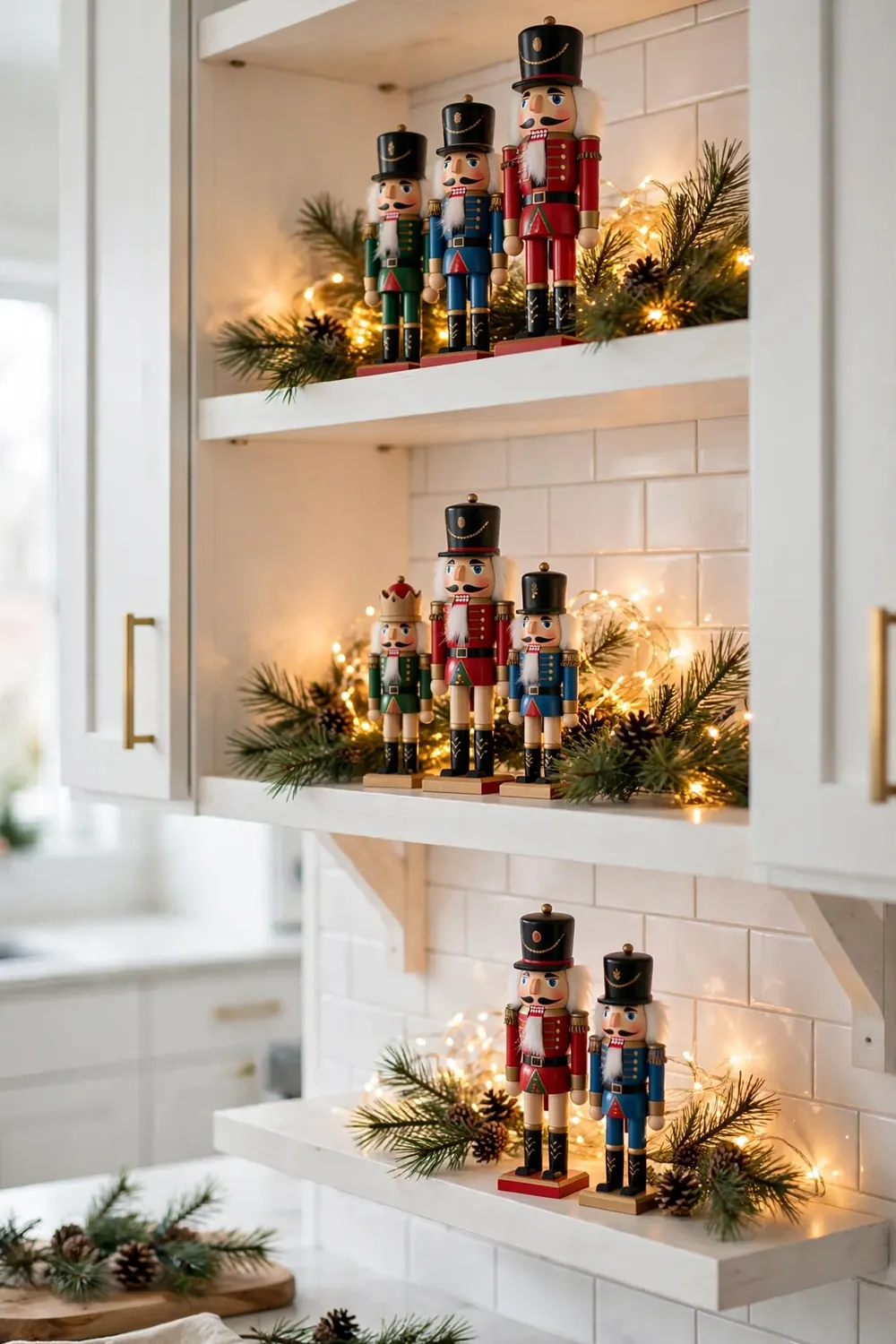 Wooden nutcracker collection styled on open white kitchen shelves with greenery, a nostalgic christmas kitchen decor idea