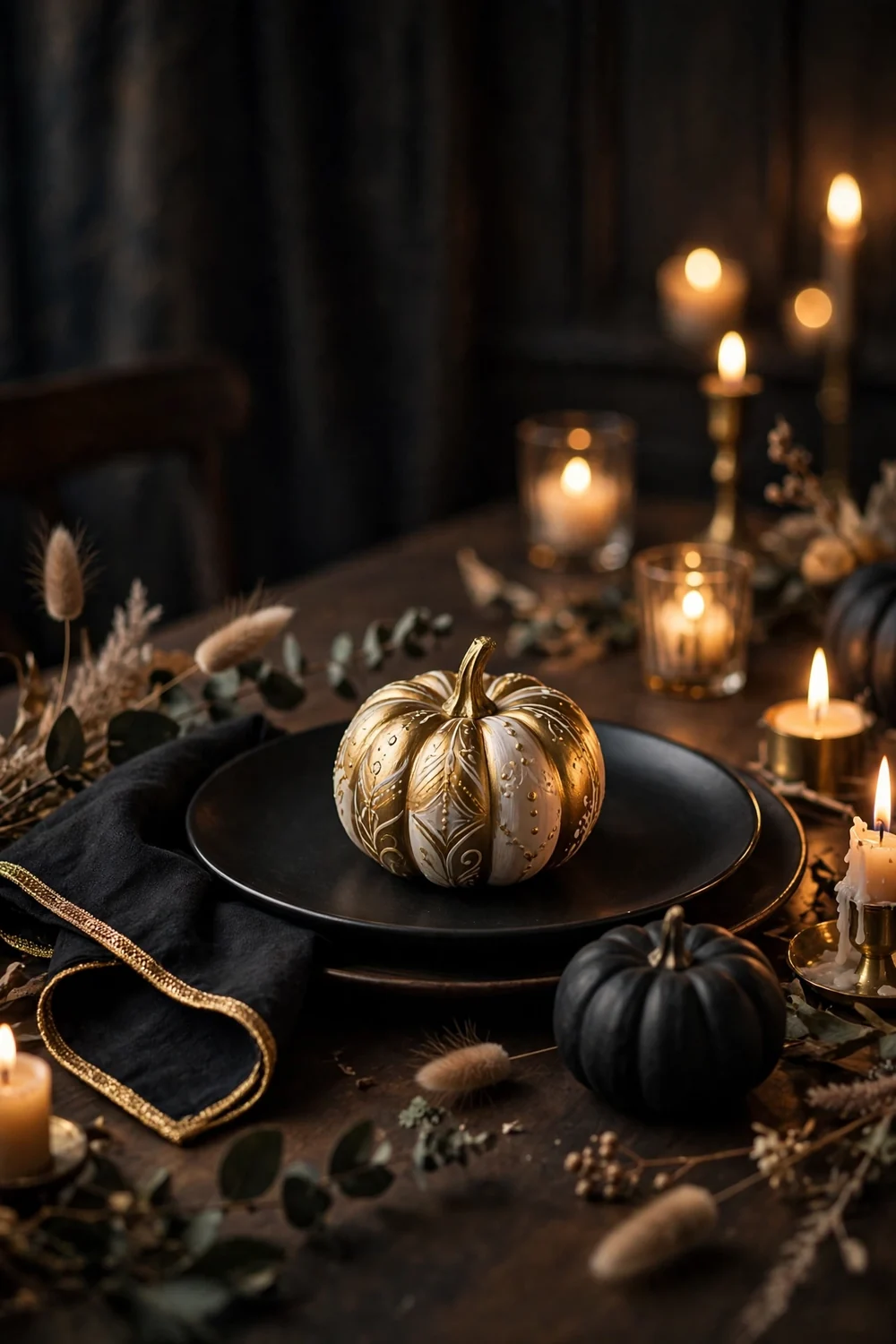 Painted Mini Pumpkin Place Settings Mini pumpkins painted matte black, cream and metallic gold resting on a black dinner plate, a chic halloween table decor idea for place settings