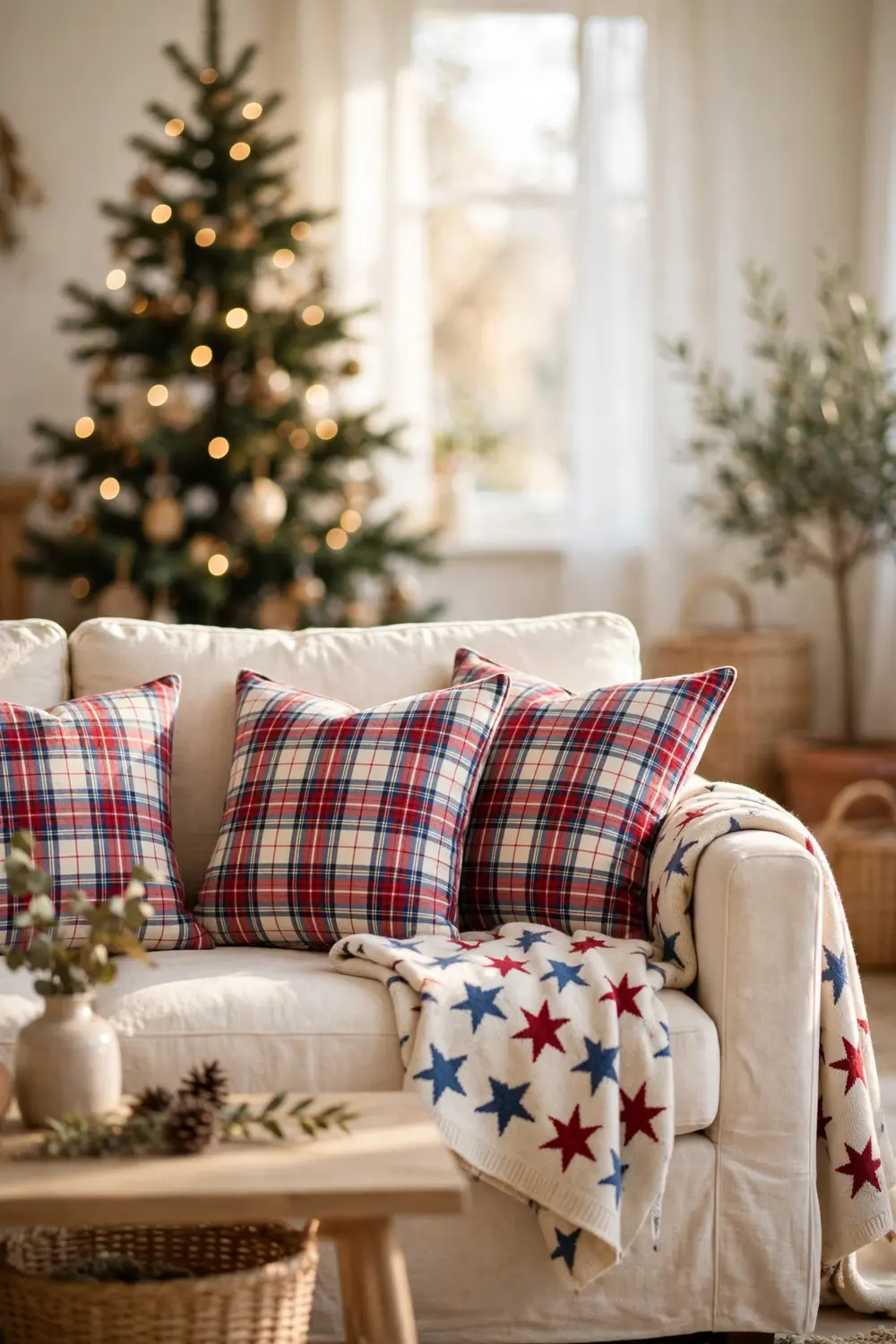 Patriotic Plaid Throw Pillows Red white and blue plaid throw pillows as Americana Christmas decor on a sofa