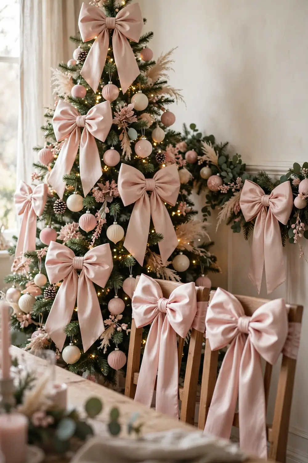 Oversized pink satin bows decorating a christmas tree, wreath and staircase garland