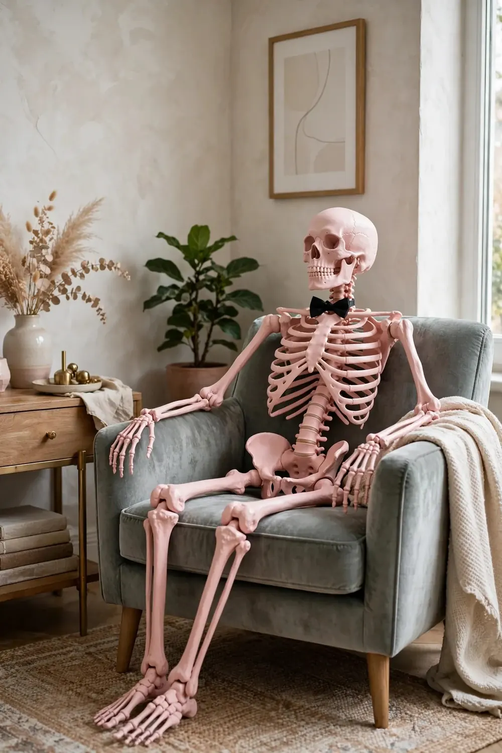 Blush pink painted skeleton Halloween decoration in armchair