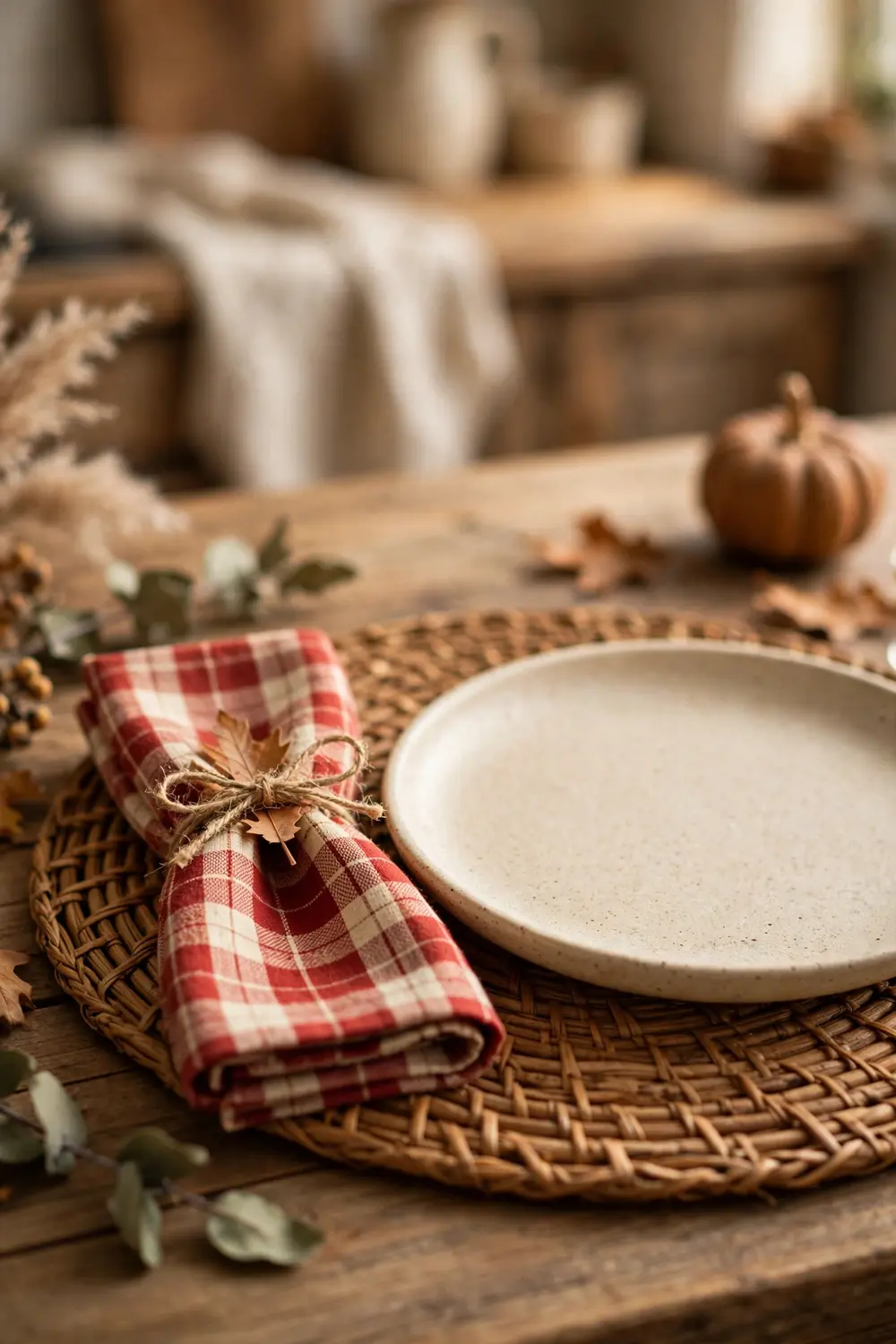 Plaid napkins and woven placemats for Thanksgiving kitchen Thanksgiving kitchen decor ideas with plaid napkins tied with twine on woven placemats