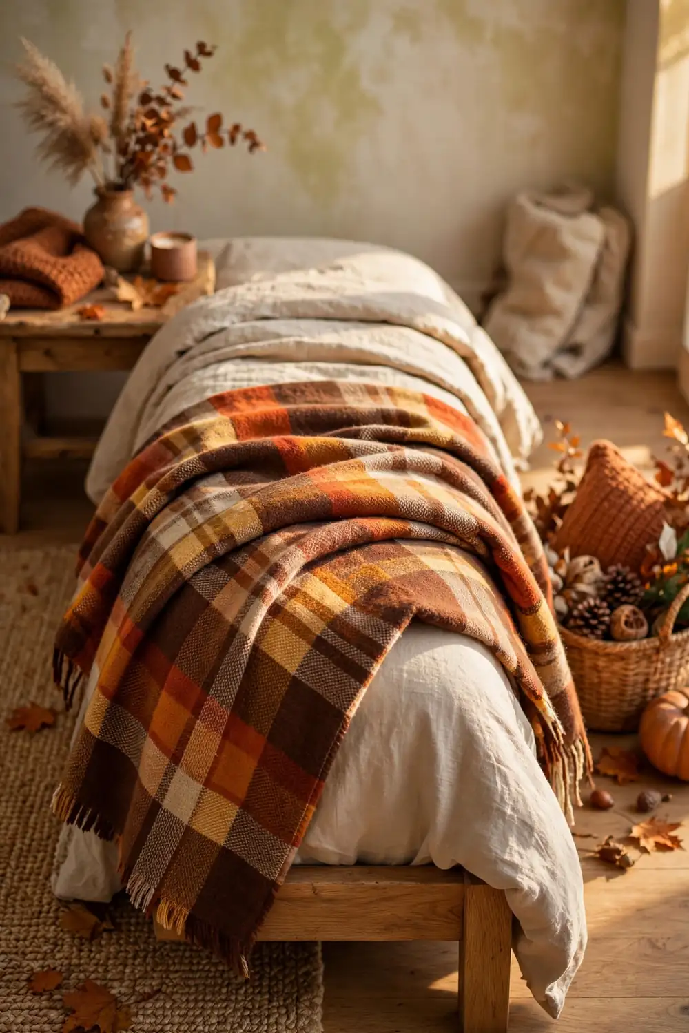 Thanksgiving guest bedroom decor ideas with a plaid throw layered at the foot of the bed