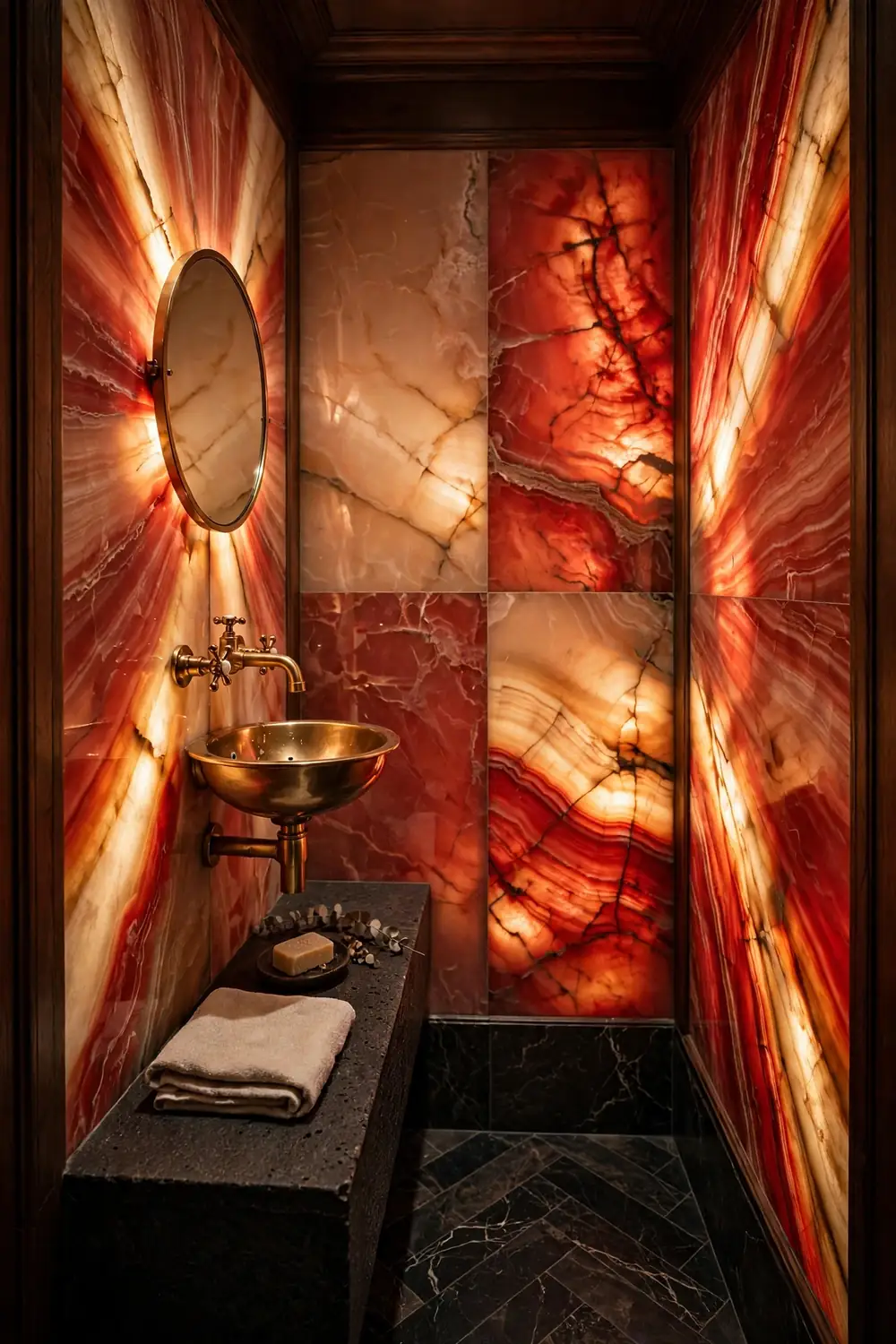 Jewel-Box Powder Room in Backlit Red Onyx Small powder room glowing with backlit red onyx walls, a standout among red marble bathroom ideas