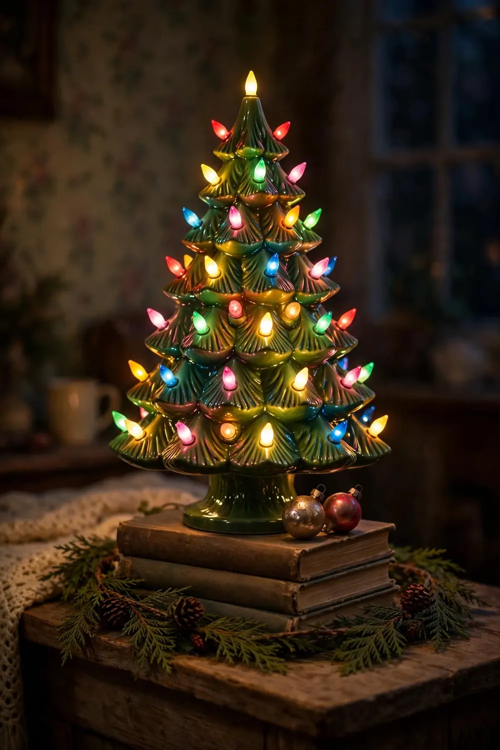 Retro ceramic Christmas tree on the mantel Retro ceramic Christmas tree glowing with colorful plastic pegs on a mantel, a nostalgic vintage christmas decor idea