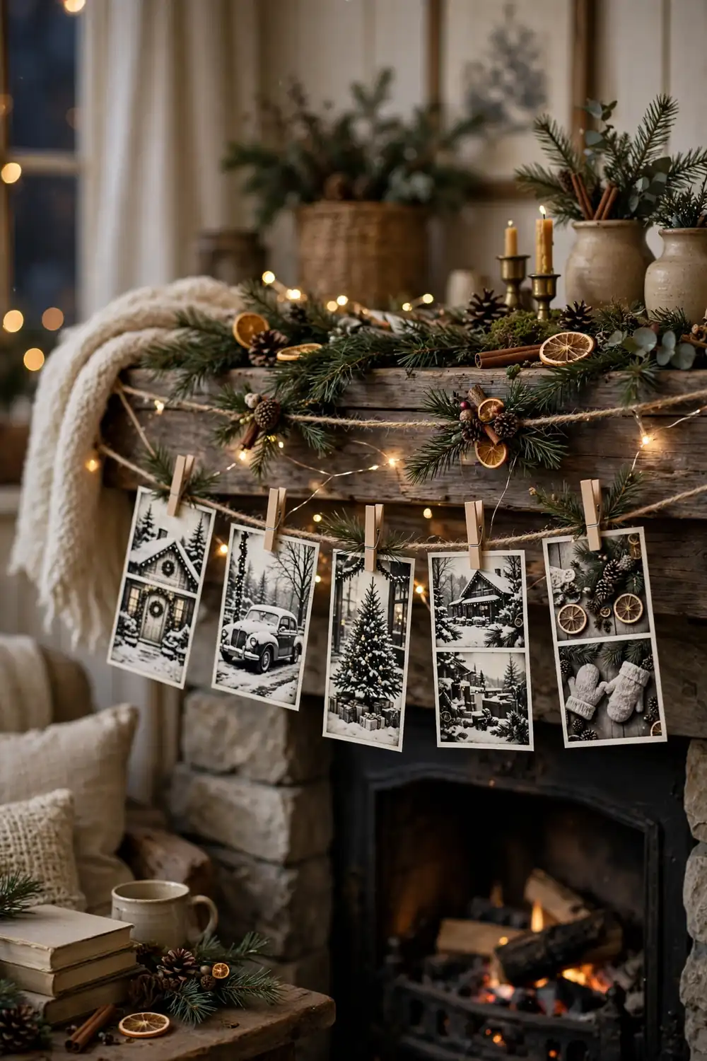 Christmas mantel decor idea with a retro photo strip garland Retro photo strip garland clipped to twine, a nostalgic christmas mantel decor idea with film grain photos