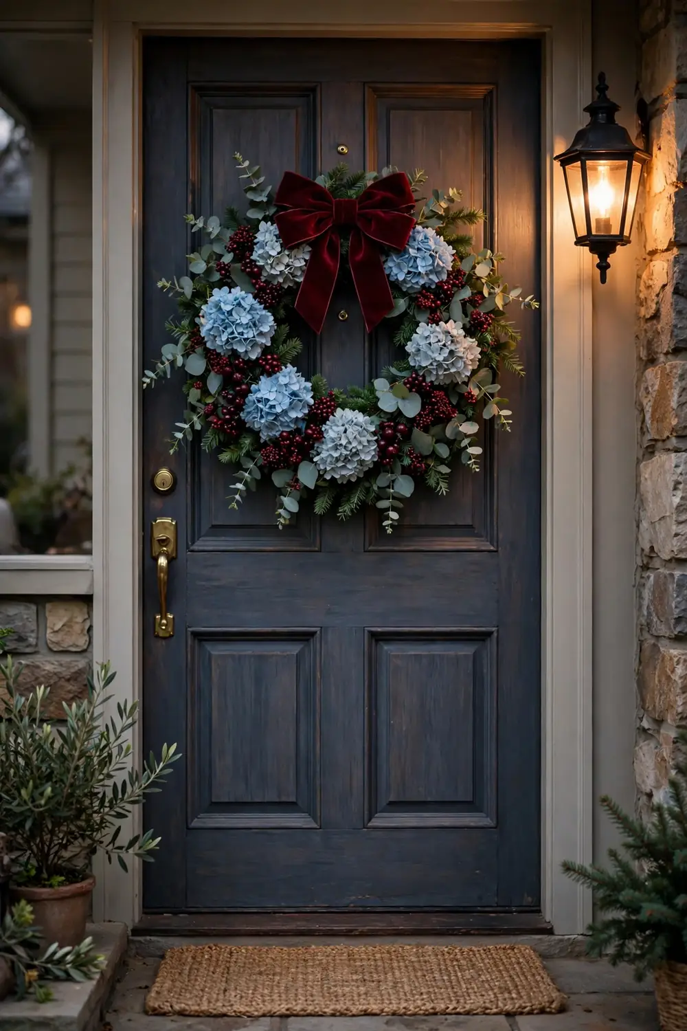 Sky blue and burgundy berry Christmas wreath Sky blue hydrangea Christmas wreath with burgundy berries on a front door