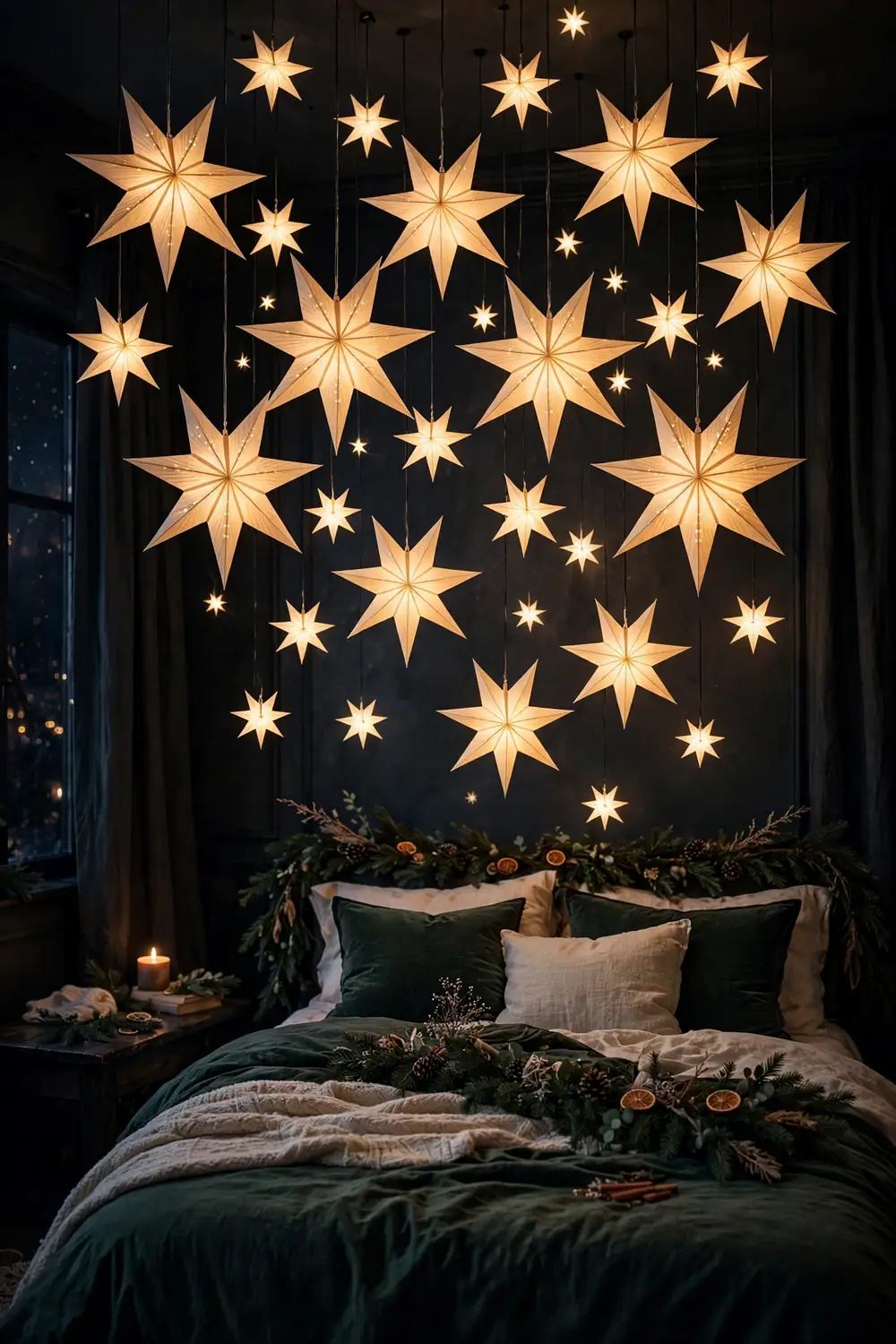 Glowing paper star lanterns hanging like a constellation above a Christmas bed, a dreamy christmas bedroom decor idea