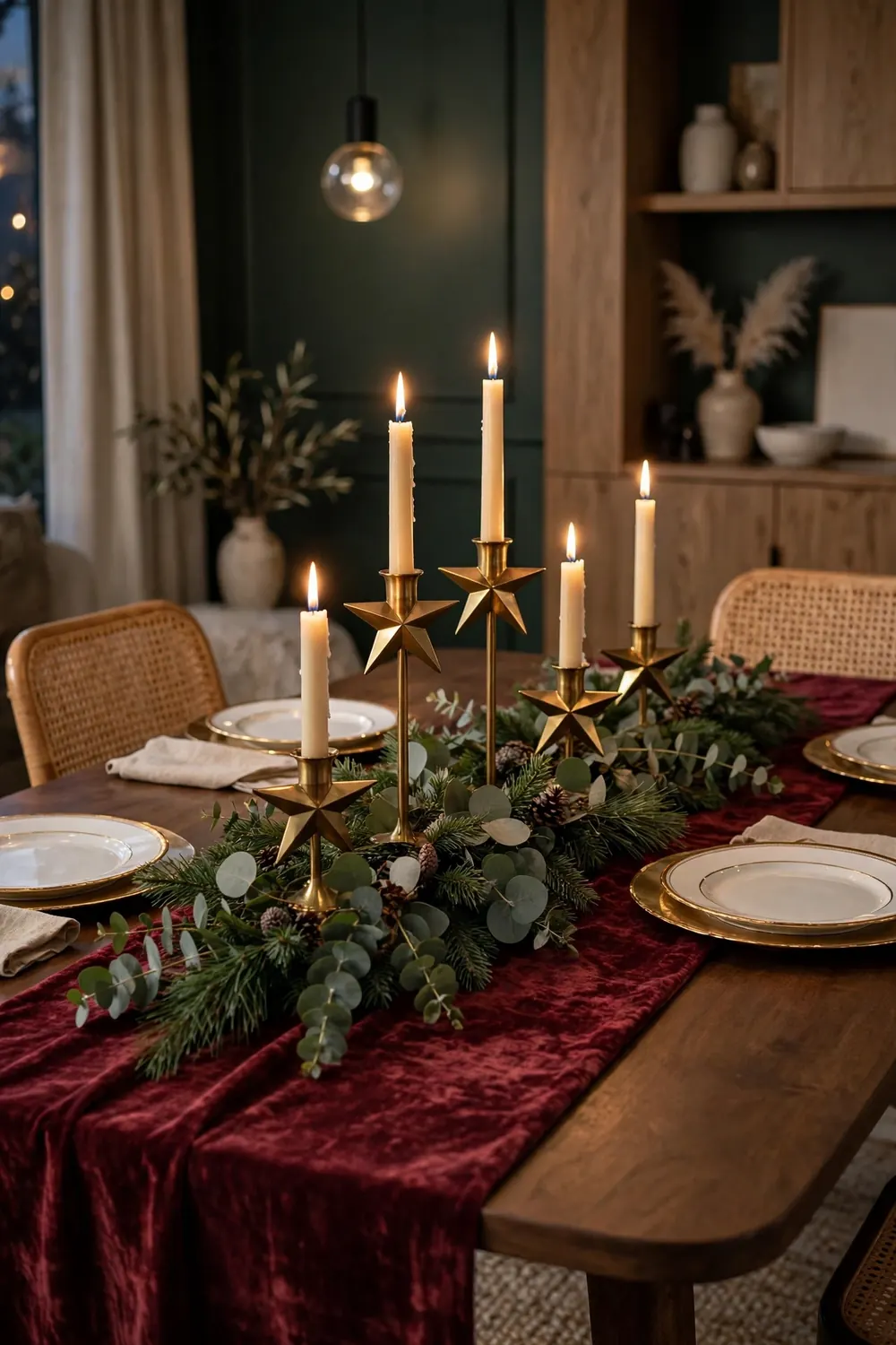 Brass Star Candle Holder Centerpiece Brass star candle holders with lit taper candles as a Christmas dining table centerpiece — star motif Christmas decor