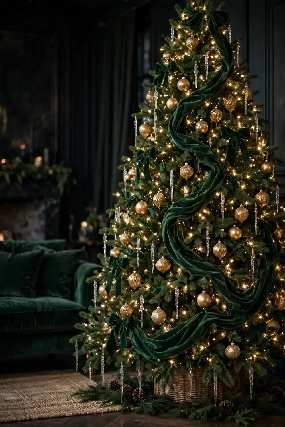 Christmas tree with cascading burgundy velvet ribbon waterfalls, a luxurious christmas tree decor idea