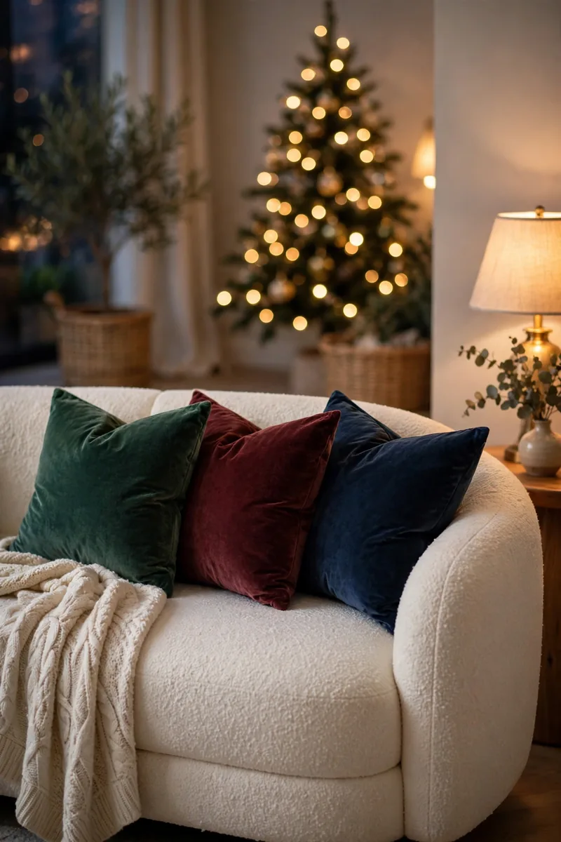 Velvet Christmas decor: emerald, burgundy and navy velvet throw pillows on a cream sofa