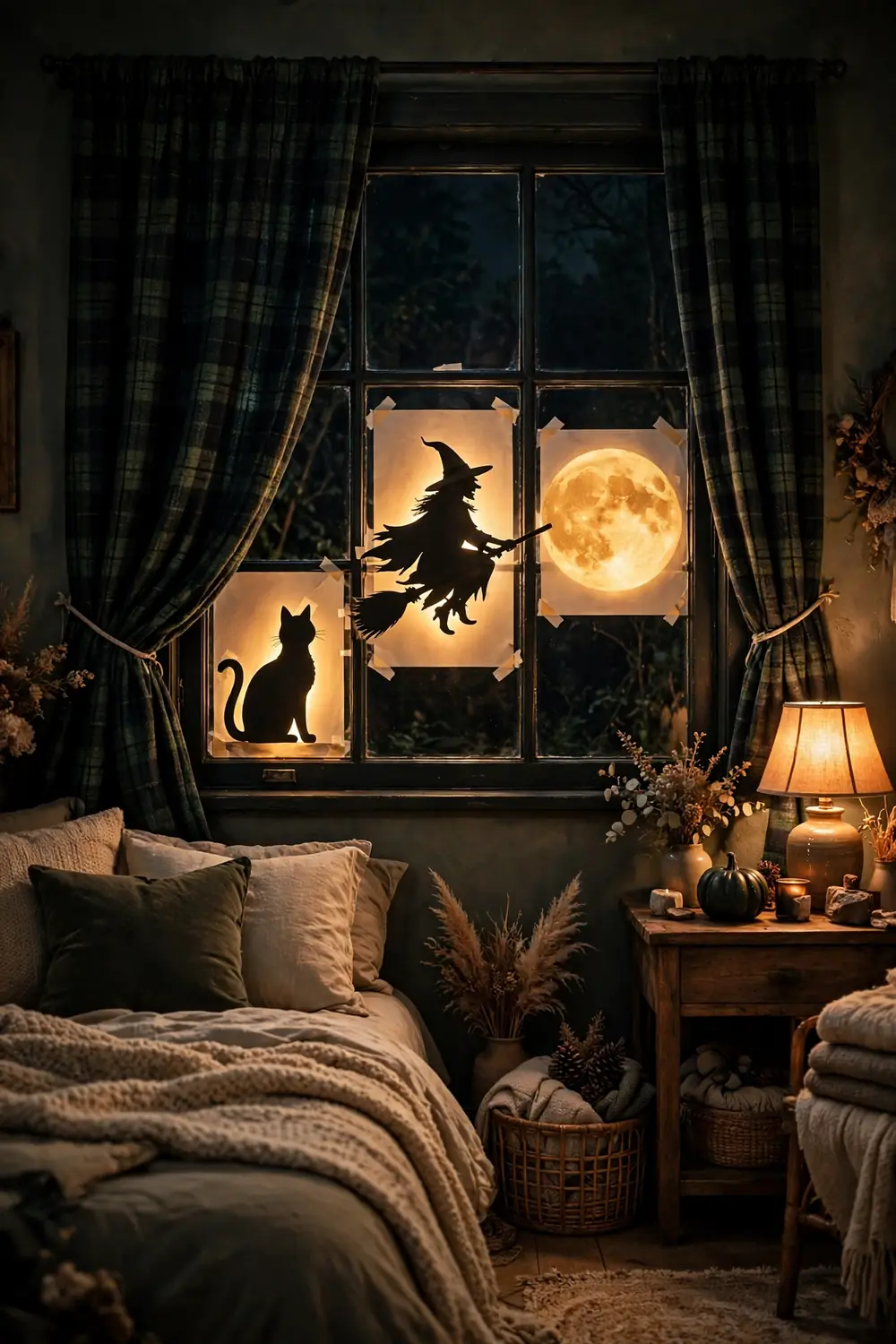 Halloween silhouette cutouts glowing on a bedroom window Bedroom window with black cat and witch silhouettes glowing, a fun halloween bedroom decor idea