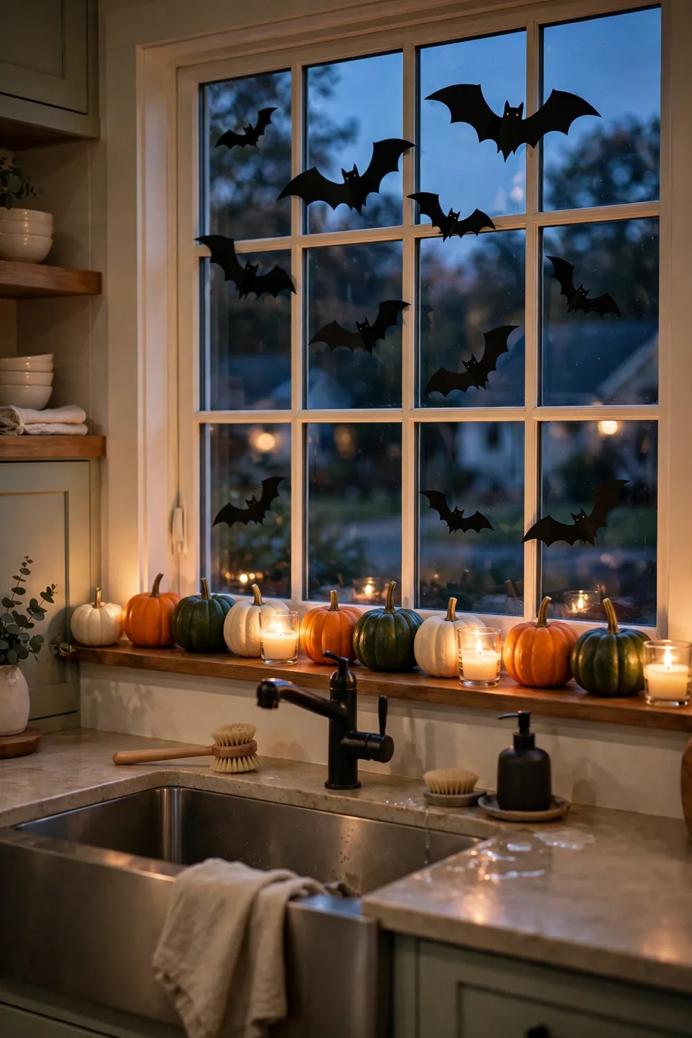 Halloween window sill vignette with pumpkins and candles Kitchen window sill decorated with mini pumpkins, glass votives, and black bat cutouts for Halloween