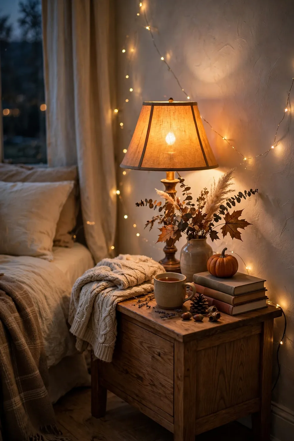 Thanksgiving guest bedroom decor ideas with warm amber bedside lighting