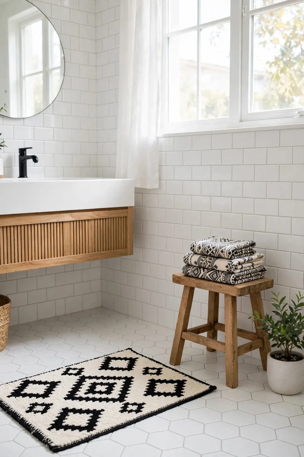 Berber motif decor ideas for bathroom with patterned bath mat and towels