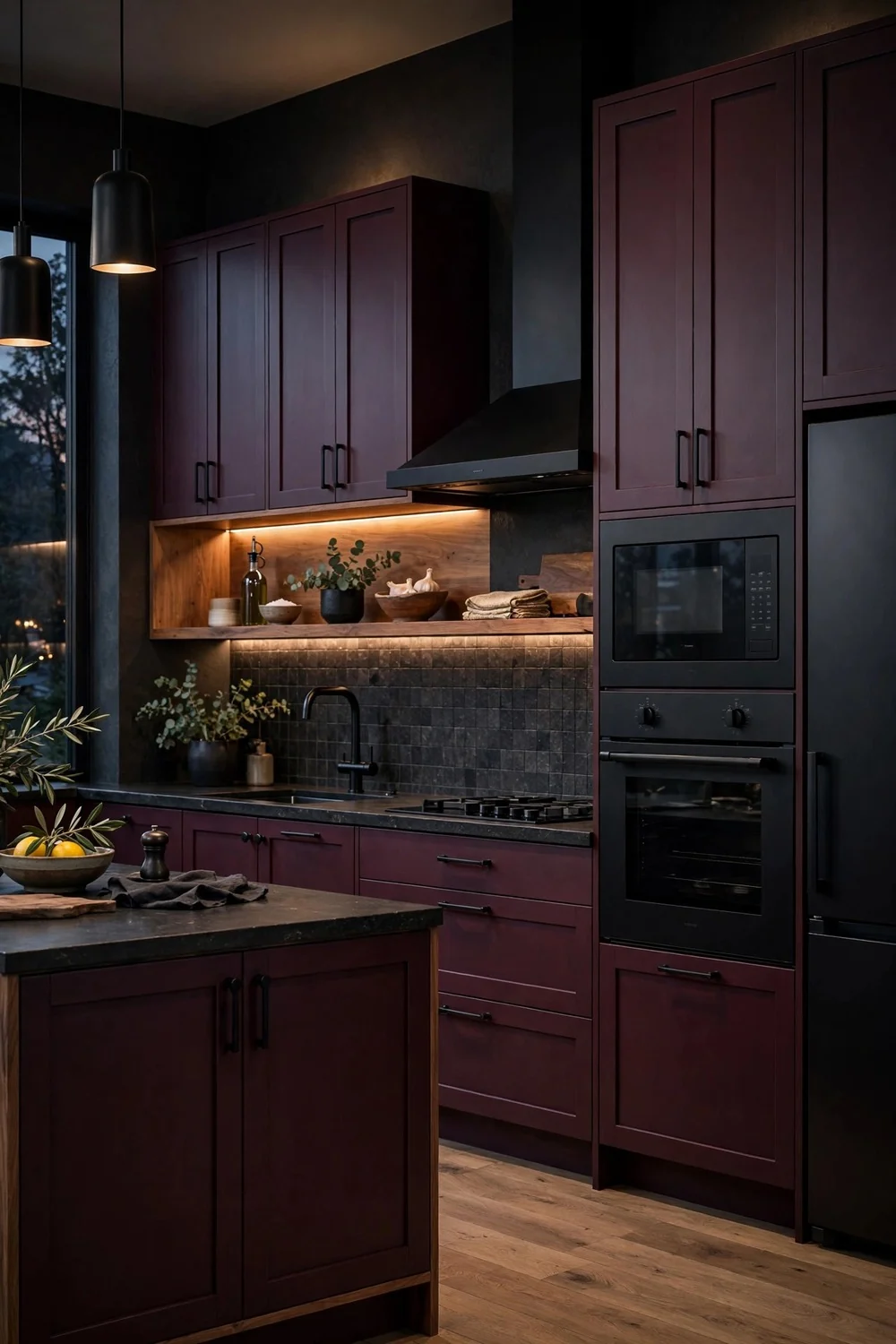 Moody kitchen with aubergine cabinets and matte black appliances