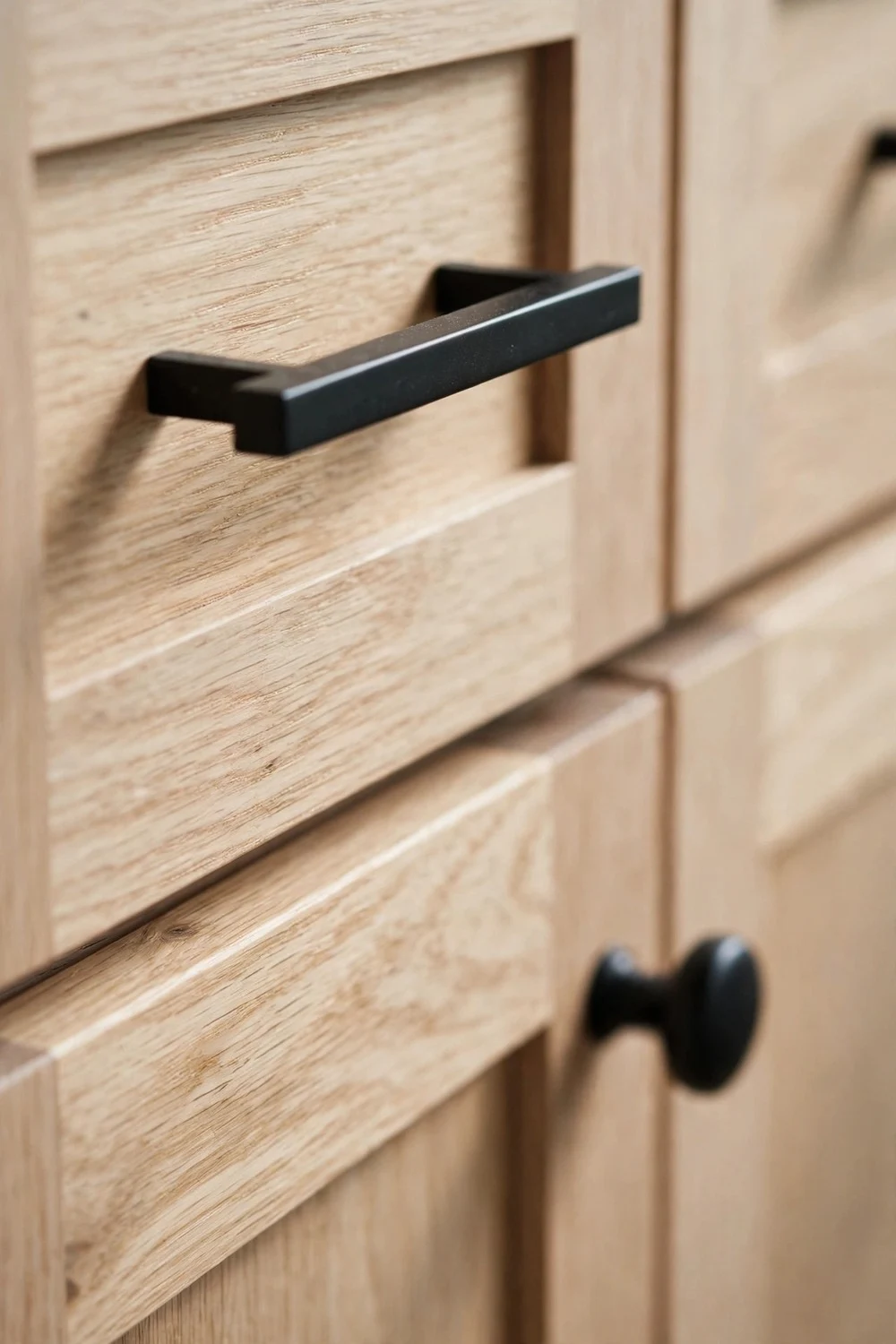 White oak and black kitchen ideas with matte black cabinet hardware close up
