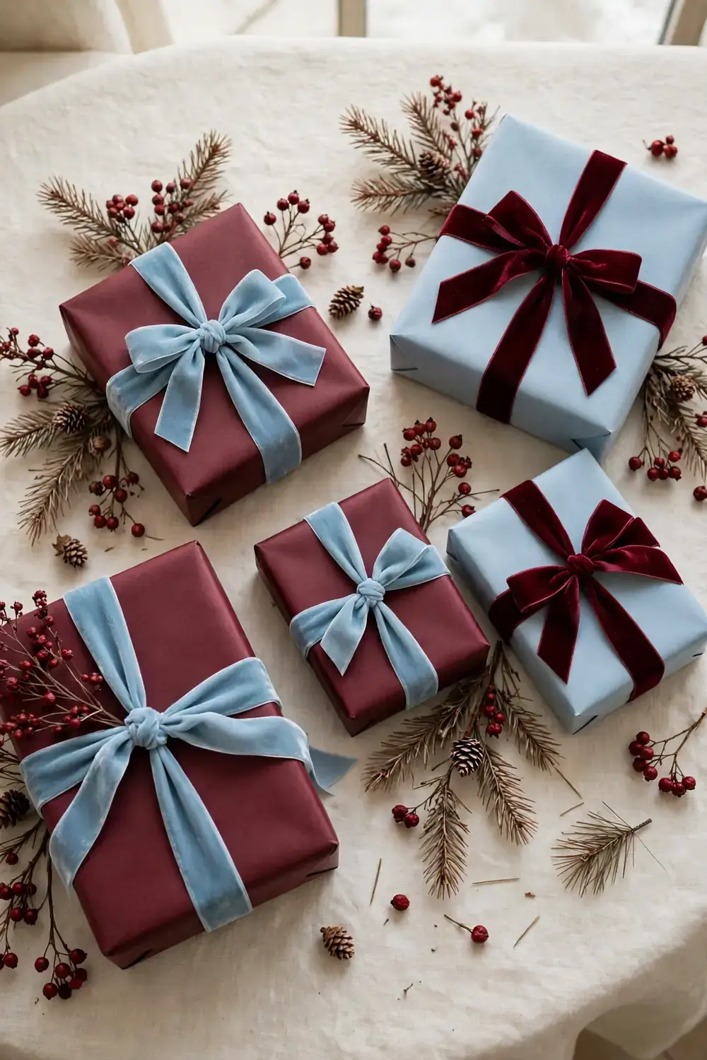 Gifts wrapped in burgundy and sky blue paper under a tree, a coordinated christmas wrapping station idea
