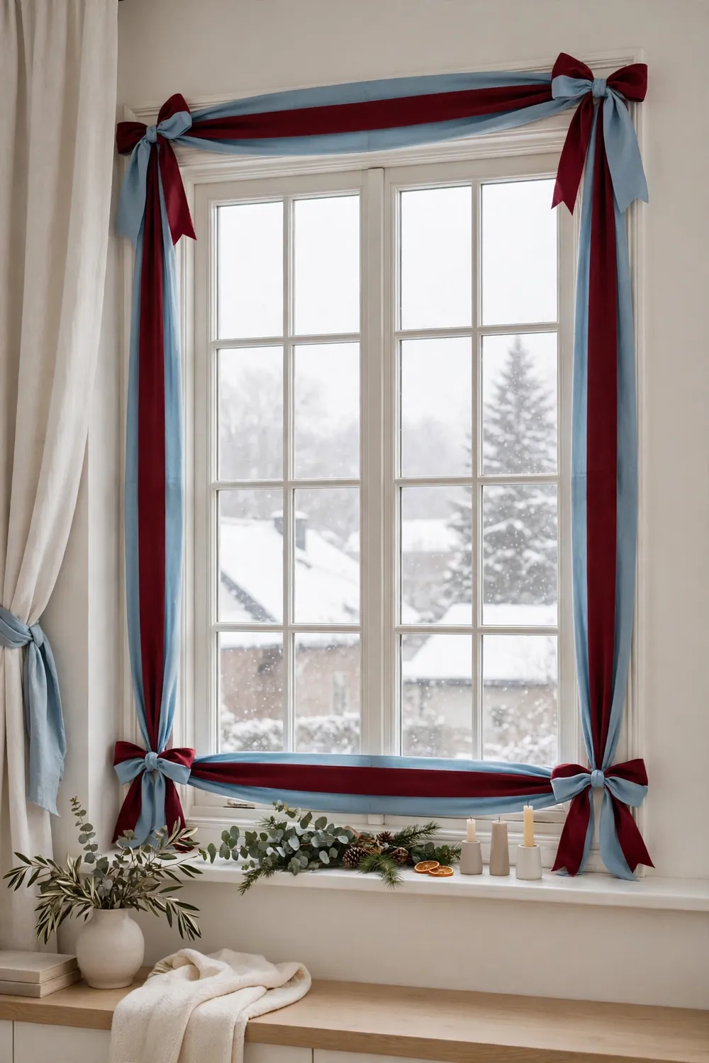 Window framed with burgundy and sky blue ribbons for Christmas, a 2026 trend in christmas window decor ideas