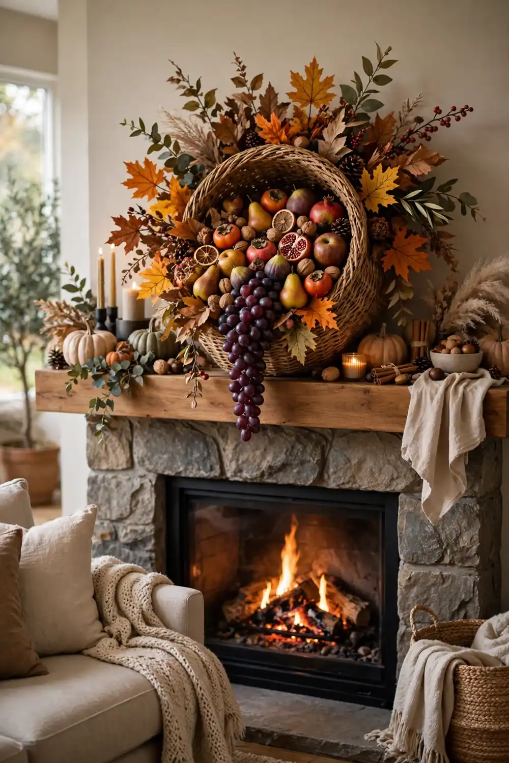 Thanksgiving mantel decor ideas with a woven cornucopia overflowing with fruit, grapes, and autumn leaves