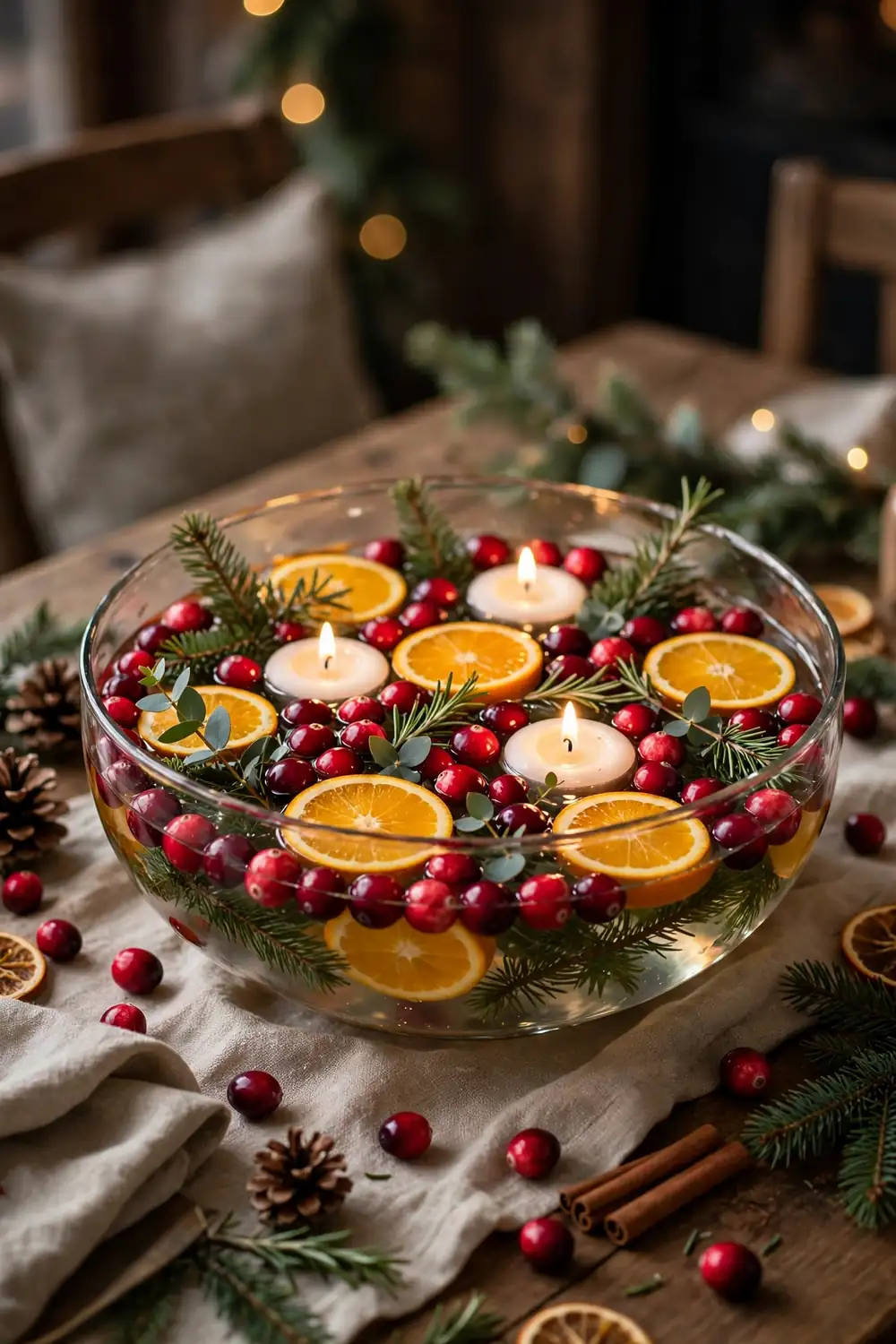 Cranberry and Citrus Bowl Christmas Centerpiece Cranberry and citrus bowl centerpiece, a fresh christmas centerpiece idea with fruit and candles