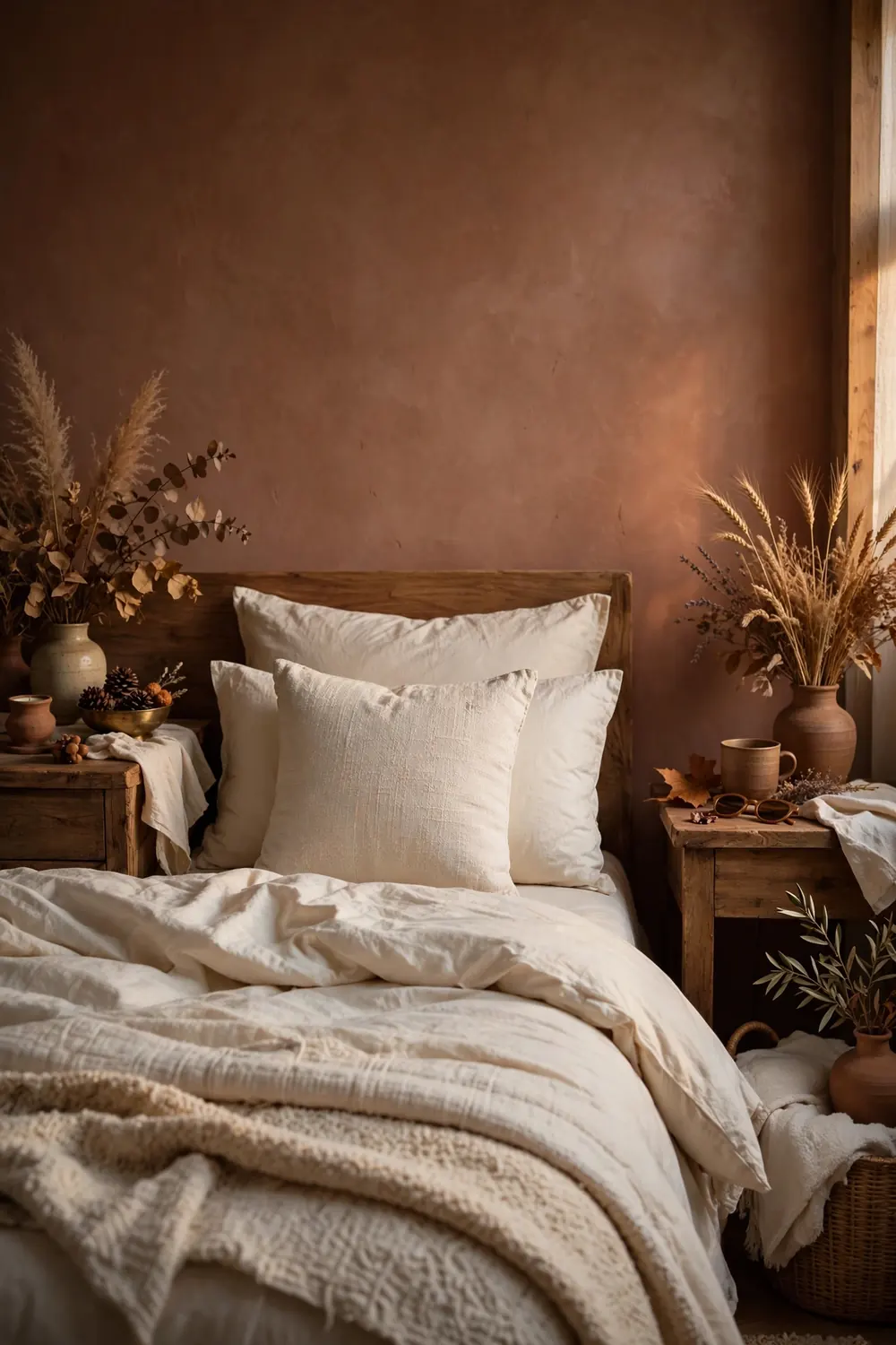 Terracotta Accent Wall Behind the Bed Fall bedroom decor with a muted terracotta accent wall behind a bed with cream bedding
