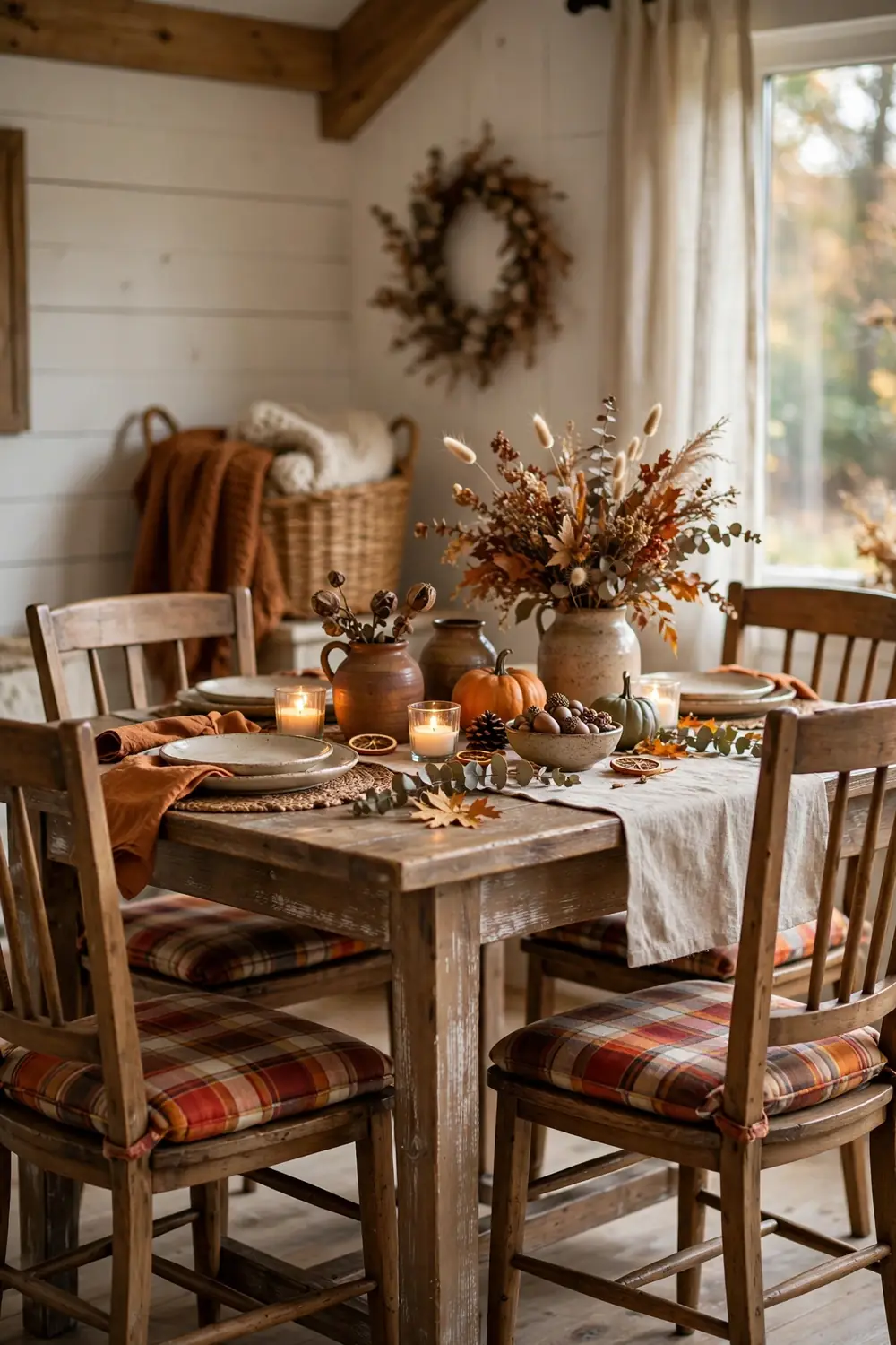 Plaid Cushions on Dining Chairs Cozy fall dining room with plaid upholstered cushions on wooden chairs around a farmhouse table