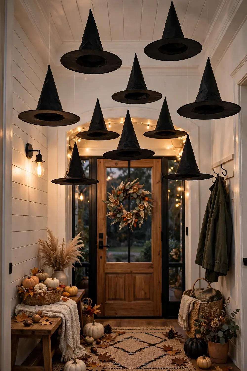 Floating witch hats overhead for halloween entryway decor ideas