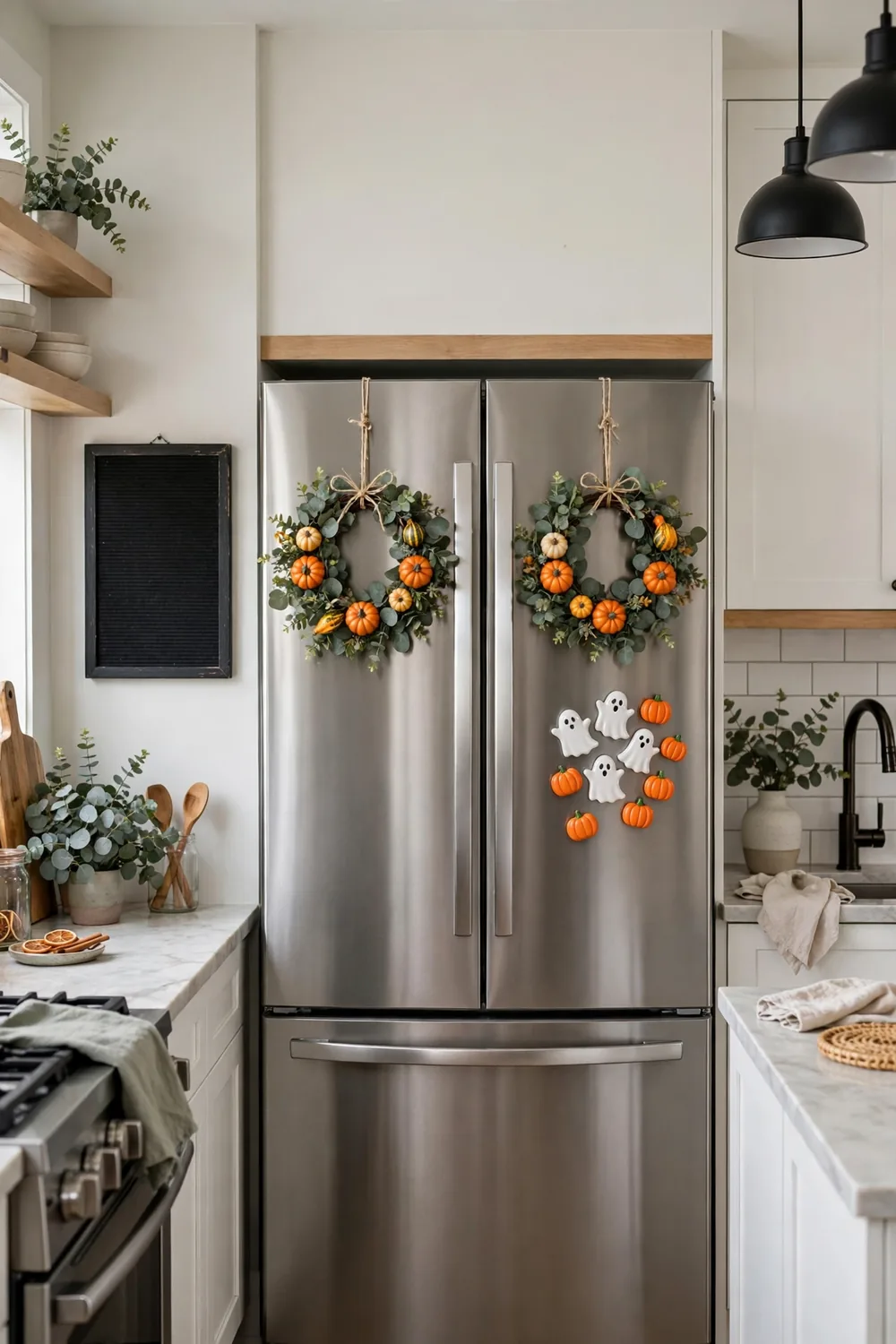 Halloween styled refrigerator with wreaths and letter board Refrigerator doors decorated for Halloween with mini wreaths, a letter board, and novelty magnets