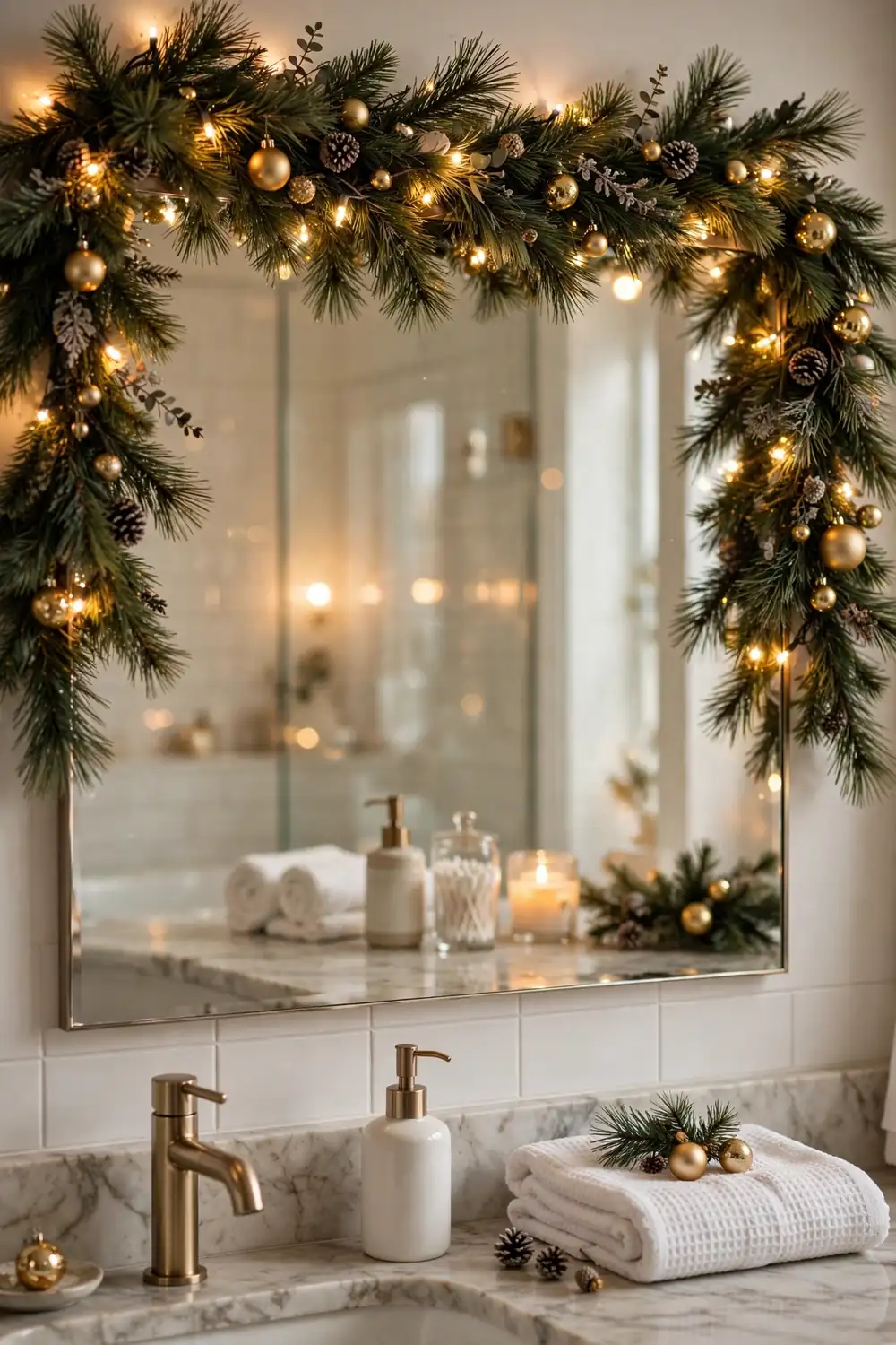 Bathroom mirror framed with lush christmas garland and warm fairy lights