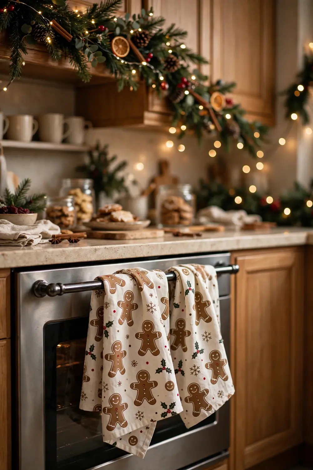 Gingerbread print kitchen towels on the oven handle Gingerbread Christmas decor ideas with printed gingerbread kitchen towels on the oven handle