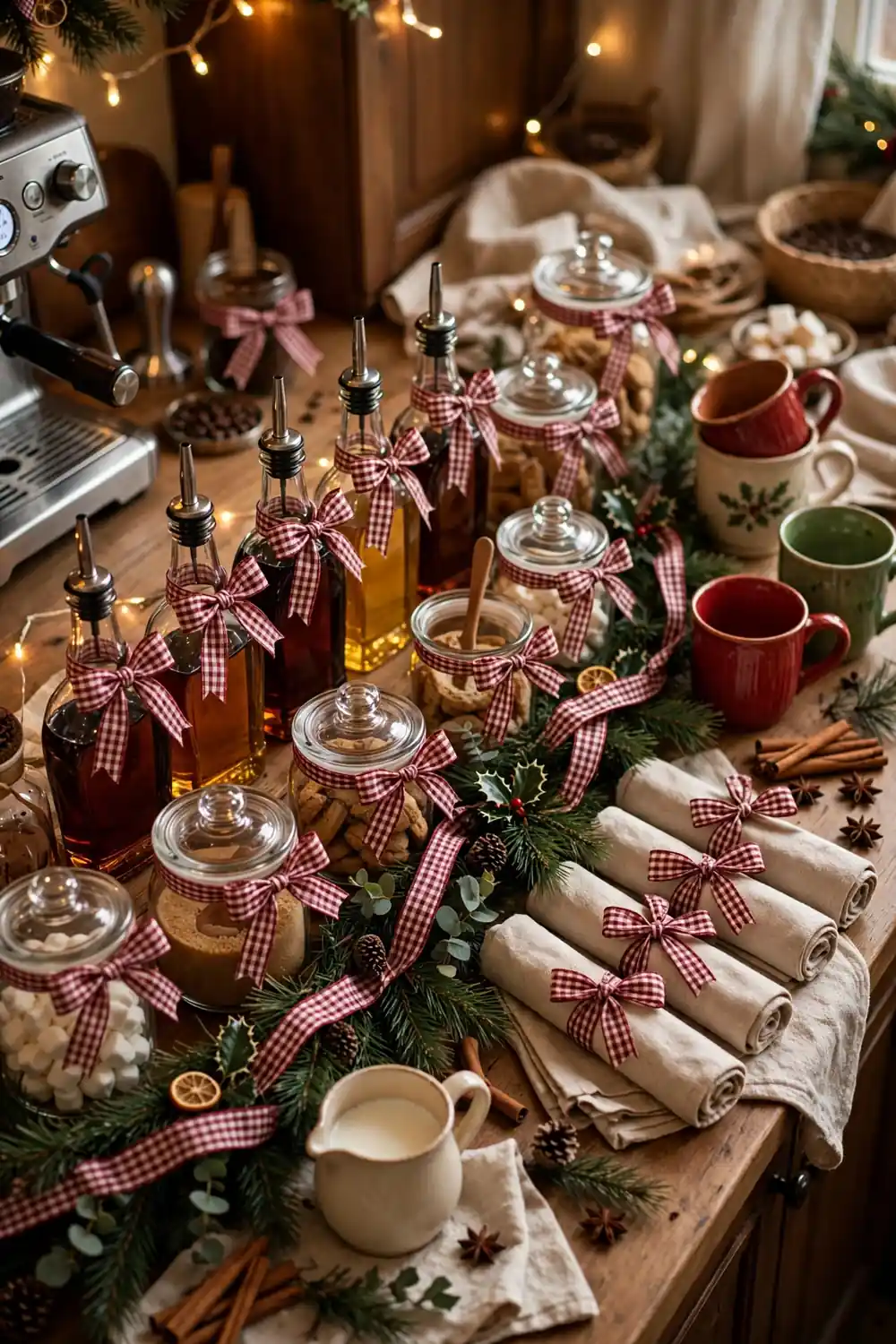 Gingham Ribbon Coffee Bar Accents Gingham ribbon accents tying jars and garland, nostalgic christmas coffee bar decor ideas