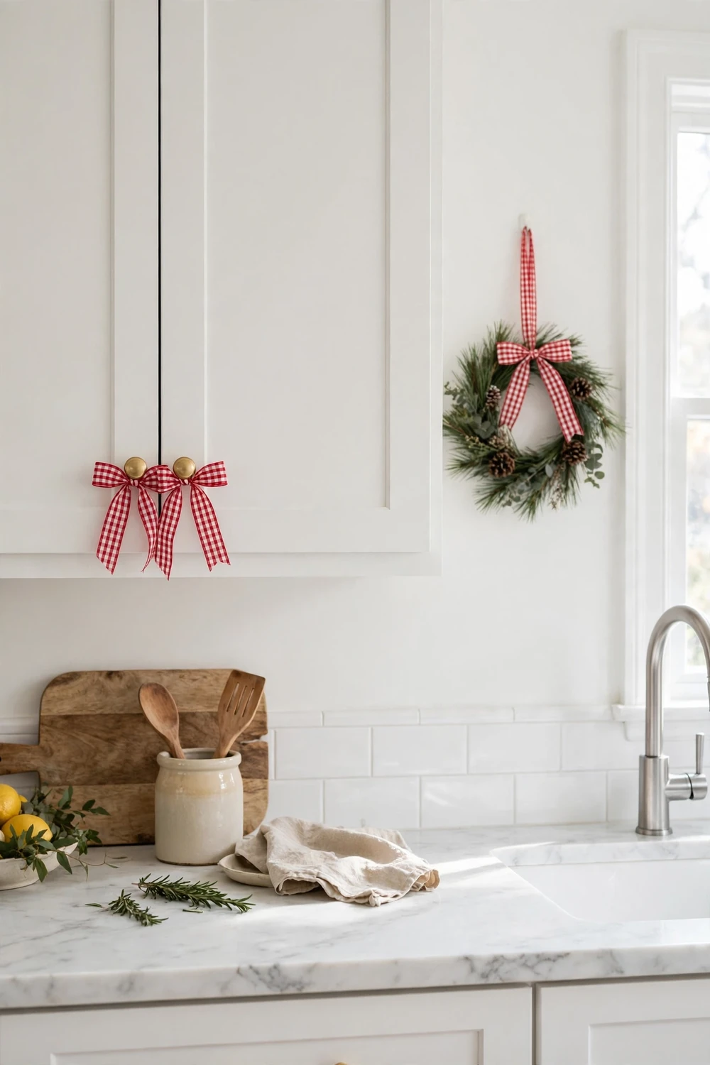 Red gingham ribbon bows tied on kitchen cabinet knobs and a wreath, a playful christmas kitchen decor idea