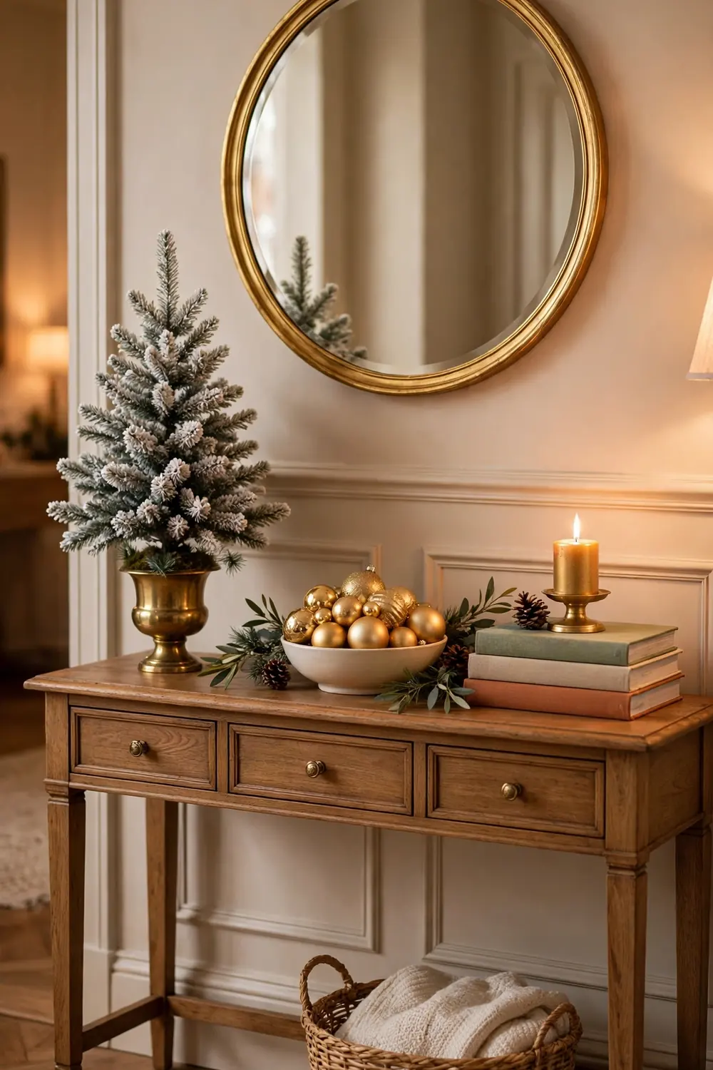 Golden Christmas Entryway Decor Festive entryway console table with gold mirror, brass lamp and small gold Christmas tree