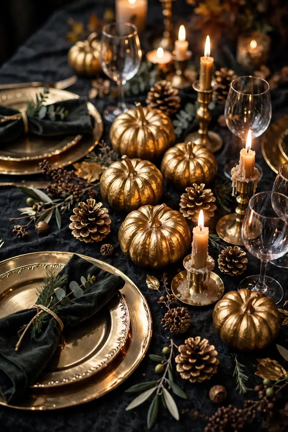 Glamorous gold metallic Thanksgiving tablescape with spray painted pumpkins