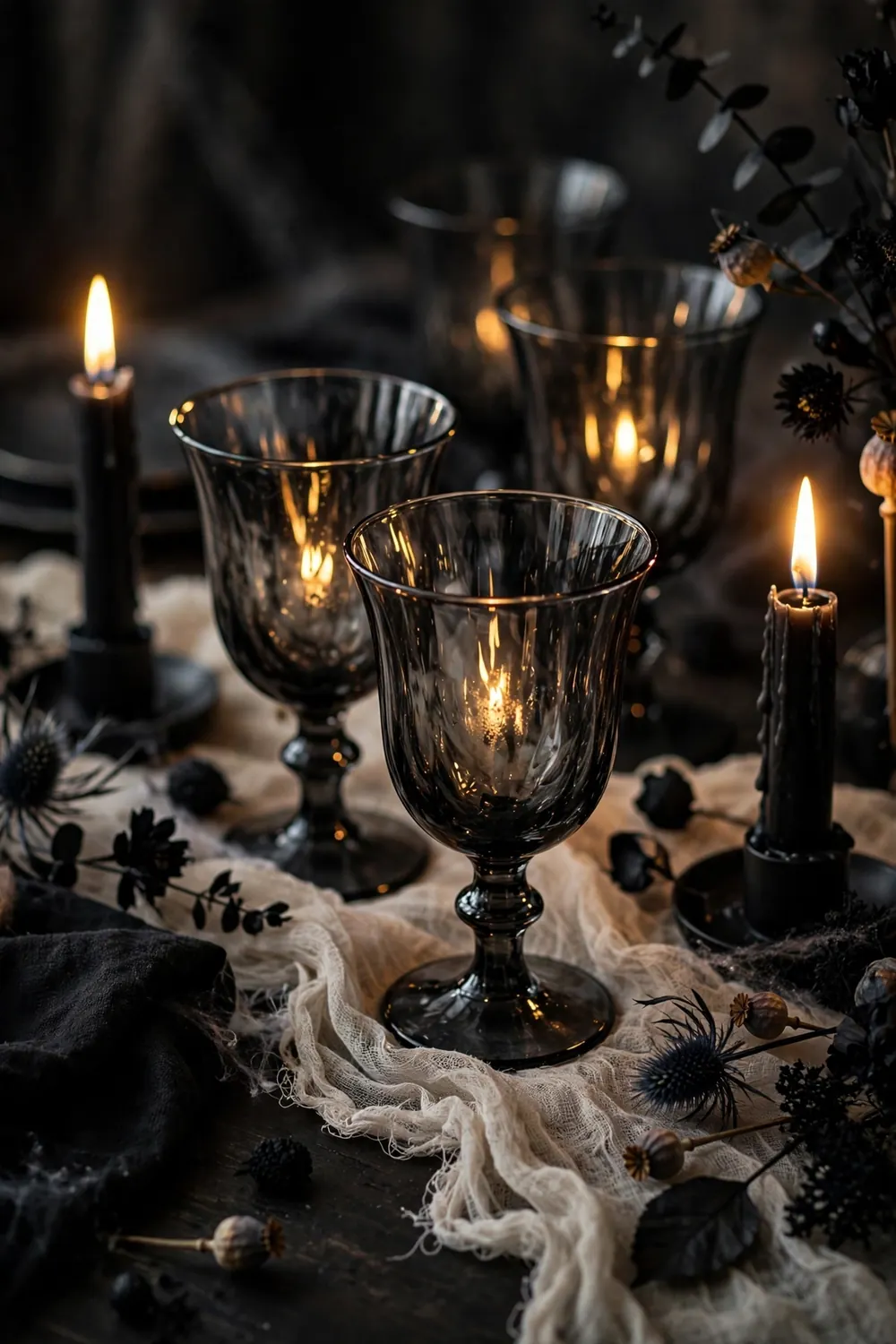 Gothic Black Goblets for Halloween Tables Black and smoked glass goblets glowing in candlelight on a Halloween dinner table, a dramatic halloween table decor idea for drinkware