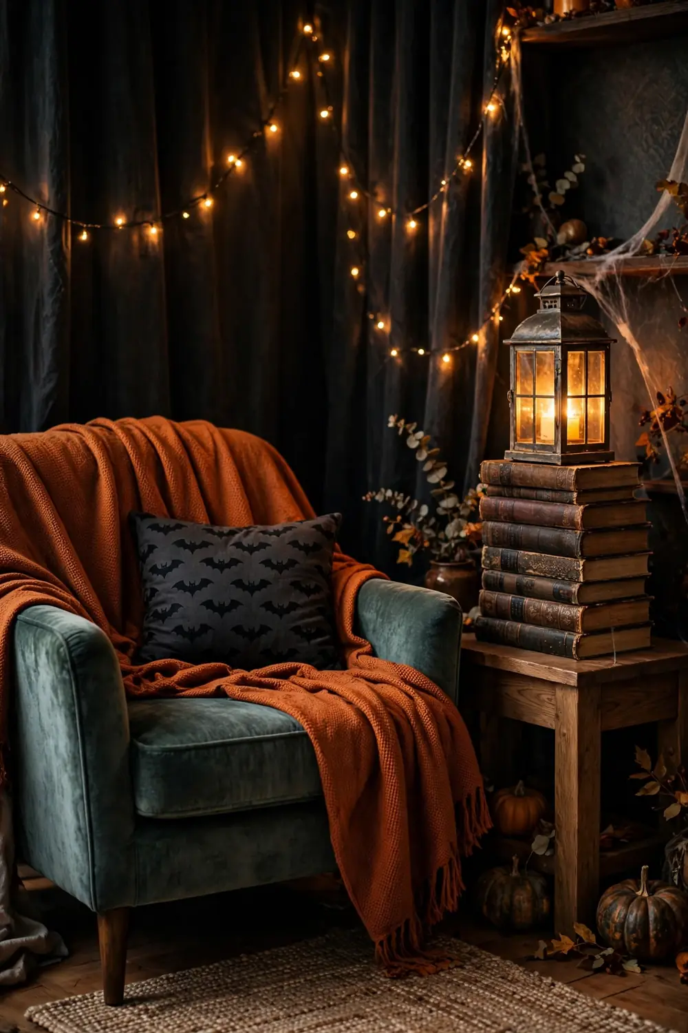 Haunted Halloween reading nook in a bedroom corner Haunted reading nook with armchair and spooky books, a cozy halloween bedroom decor idea