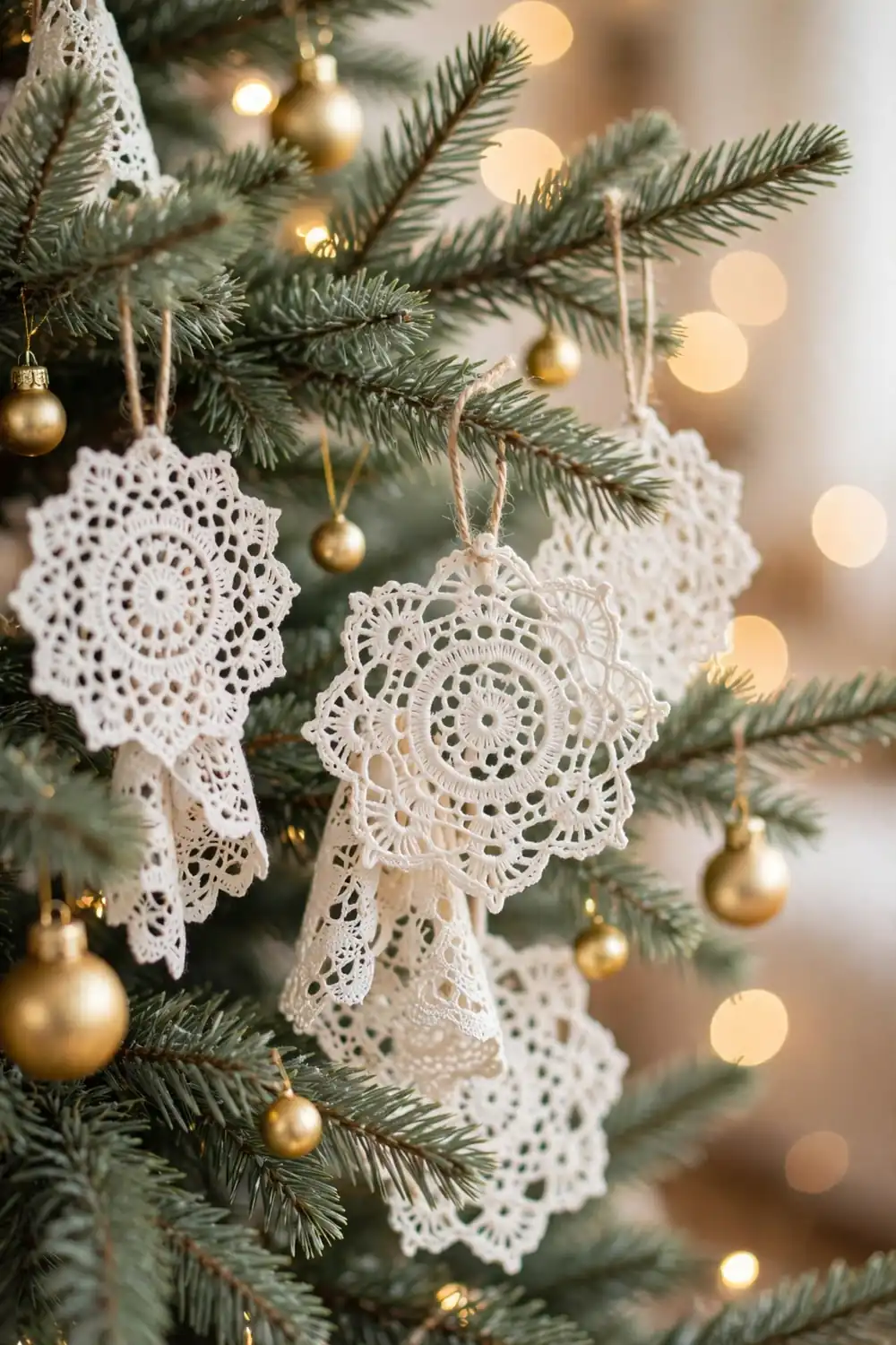 Handmade lace doily ornaments hanging on a Christmas tree