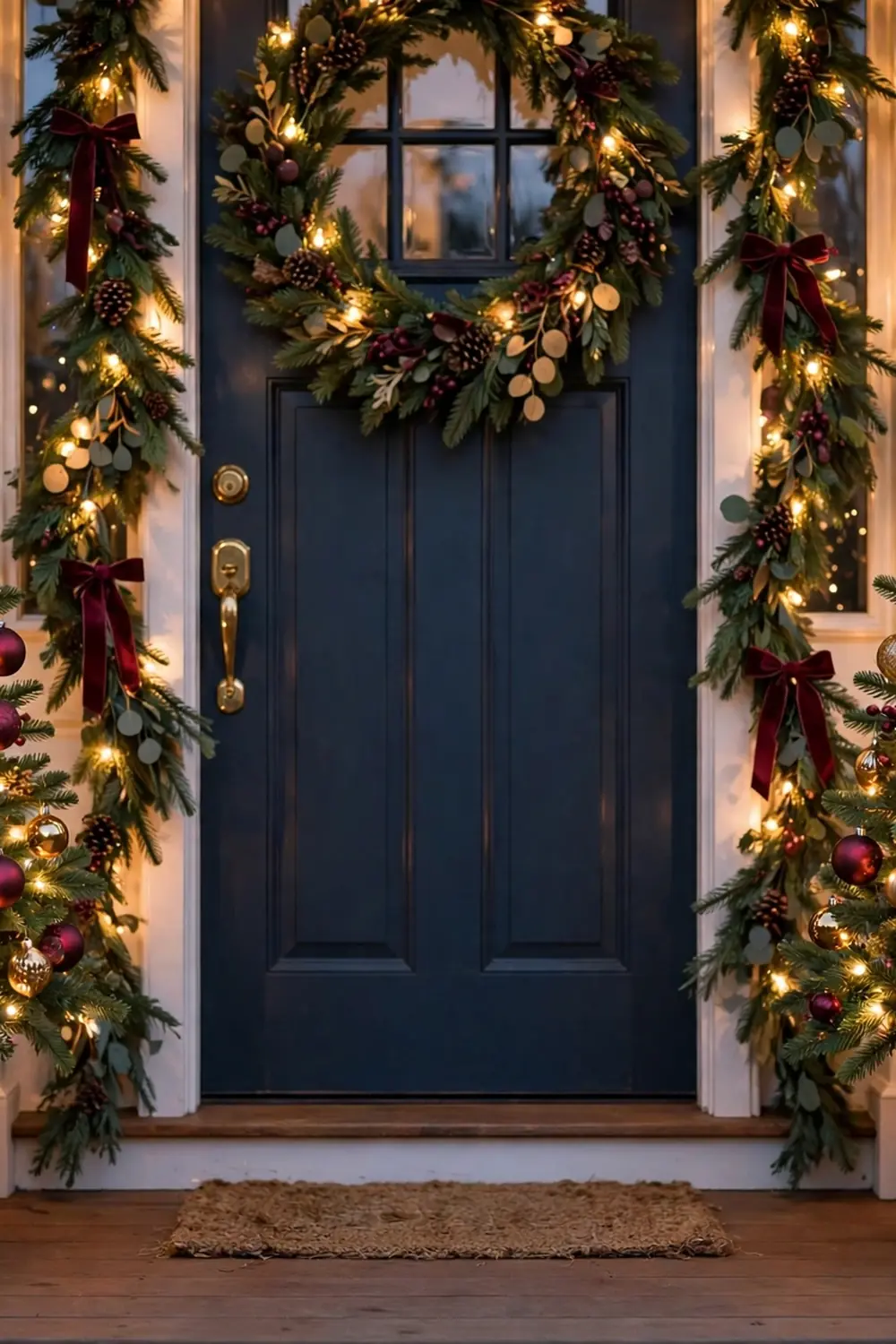 Mini christmas tree duo flanking the front door Pair of mini christmas trees flanking the front door, a classic christmas porch decor idea for a grand entry
