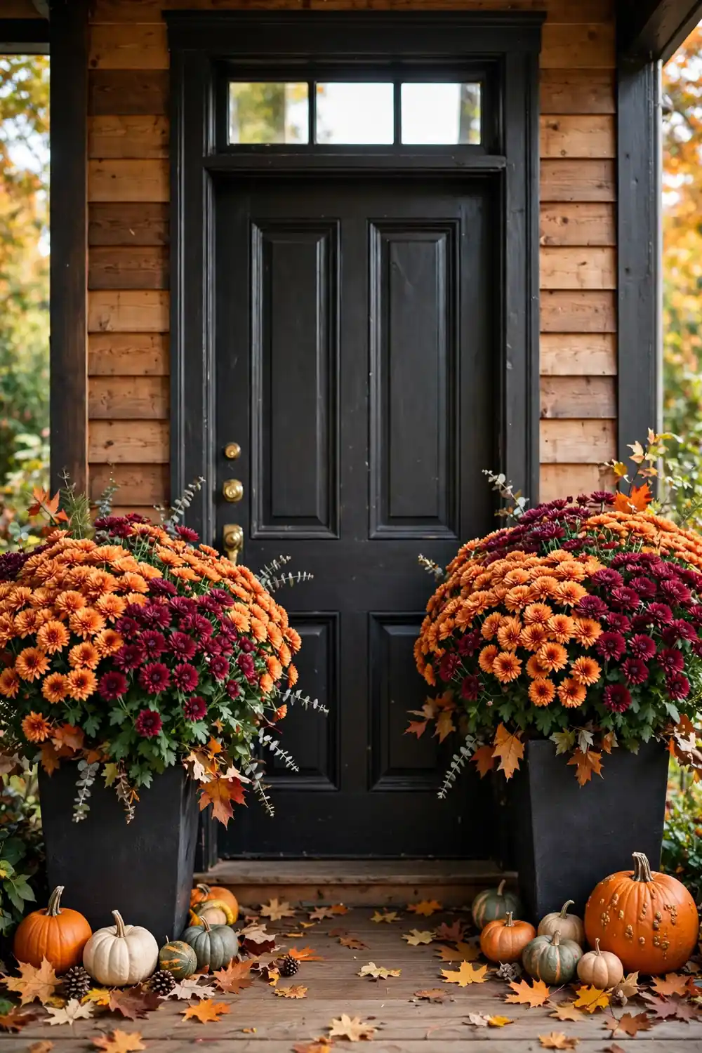 Mum Filled Planters in Halloween Colors Halloween porch decor with orange and burgundy mums in black planters flanking a front door