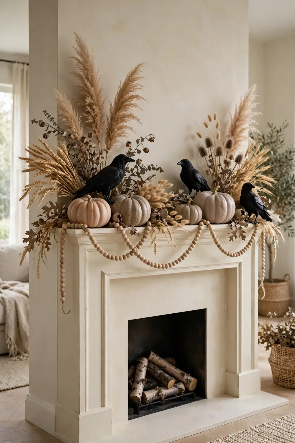 Halloween mantel decor ideas: dried botanicals, beige pumpkins and black crow figures on a cream mantel