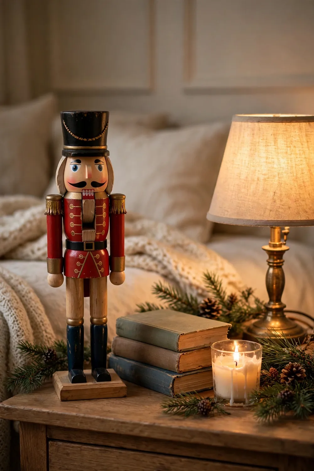 Wooden nutcracker styled with pine sprigs and a candle on a bedroom nightstand, a nostalgic christmas bedroom decor idea