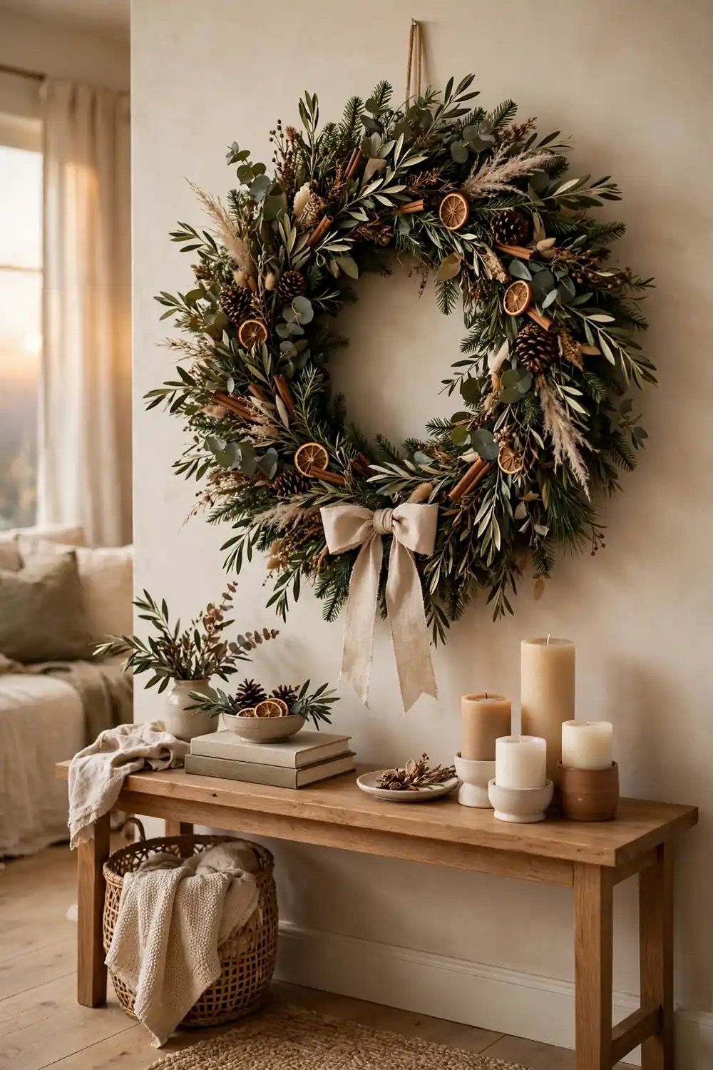Oversized statement christmas wreath ideas as wall art above a living room console