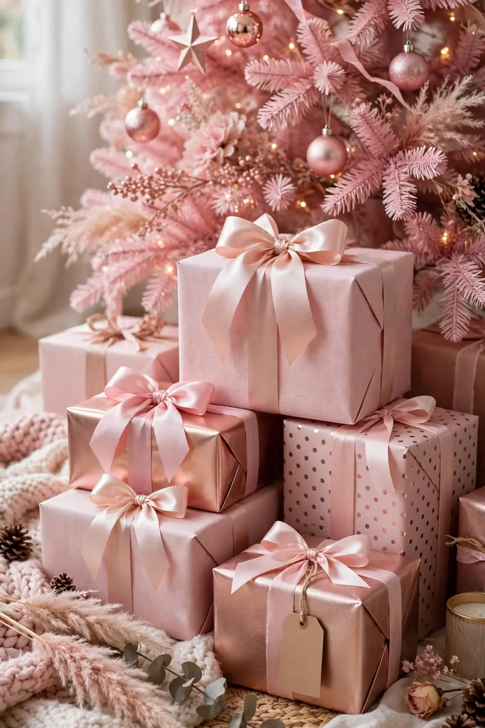 Stack of christmas gifts wrapped in pink paper with satin ribbons under a decorated tree