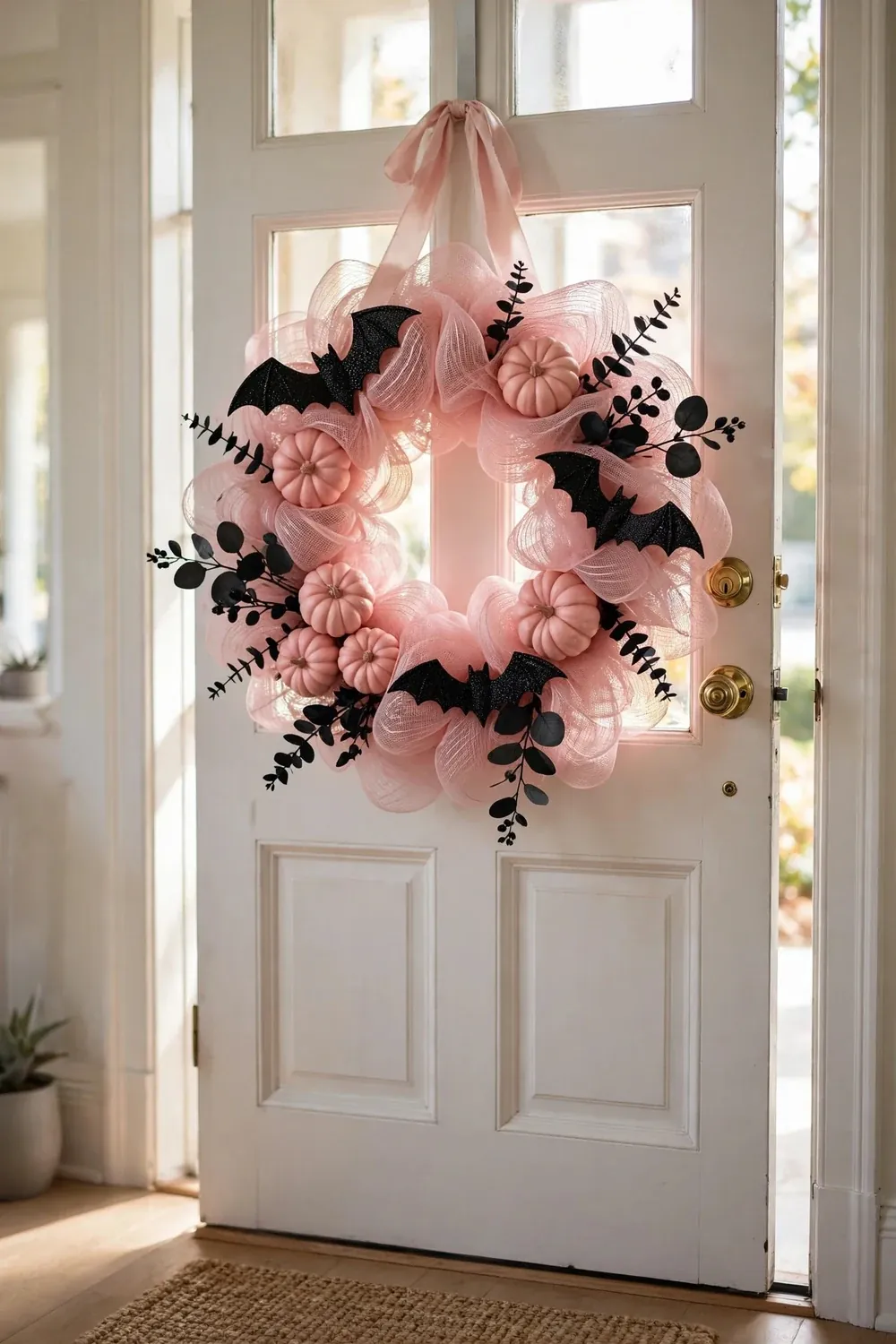 Pink Halloween wreath with mini pumpkins hanging on front door