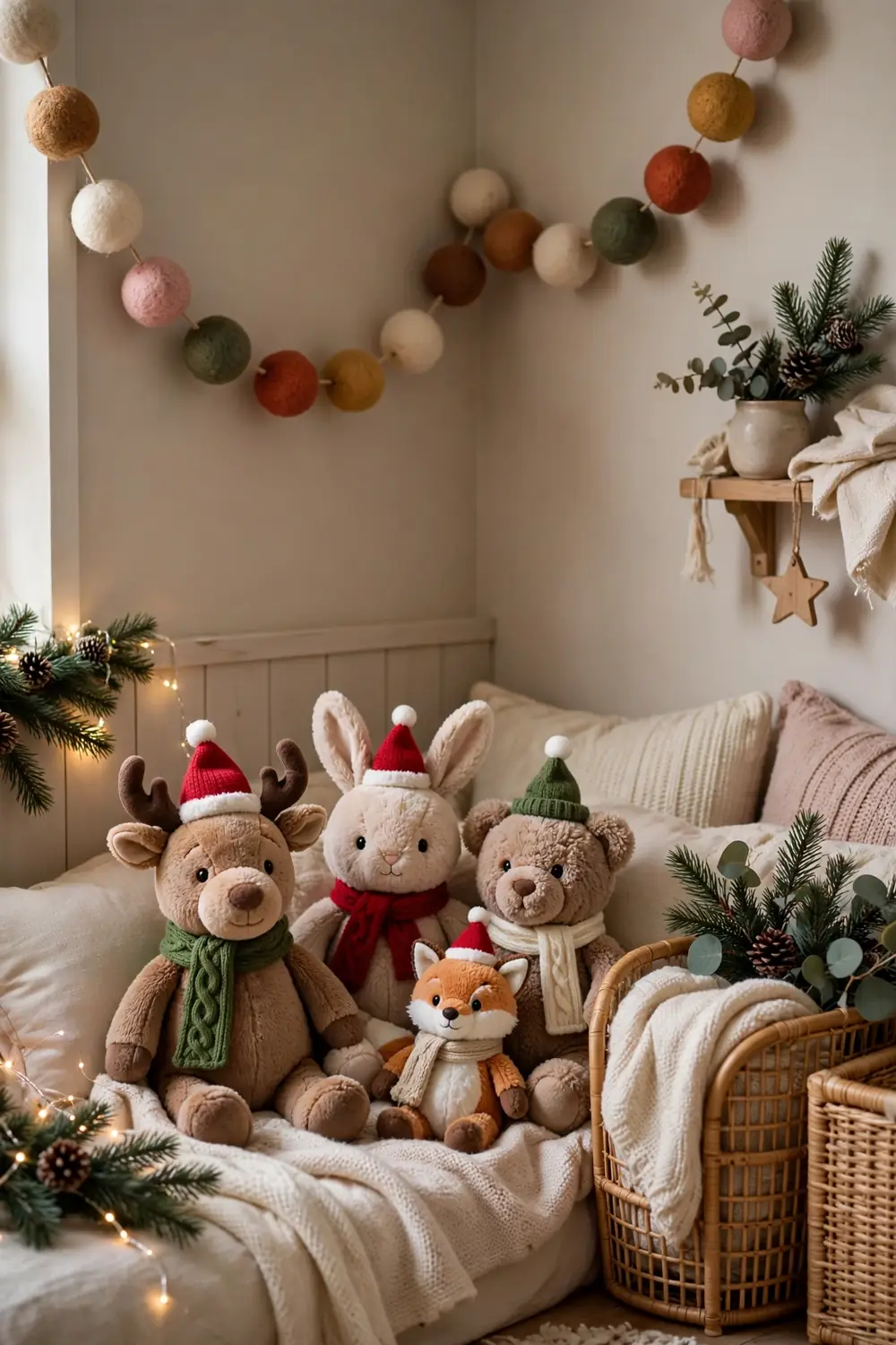 Plush Reindeer Corner for a Kids Christmas Room Christmas kids room decor ideas with plush reindeer and stuffed animals in a cozy corner