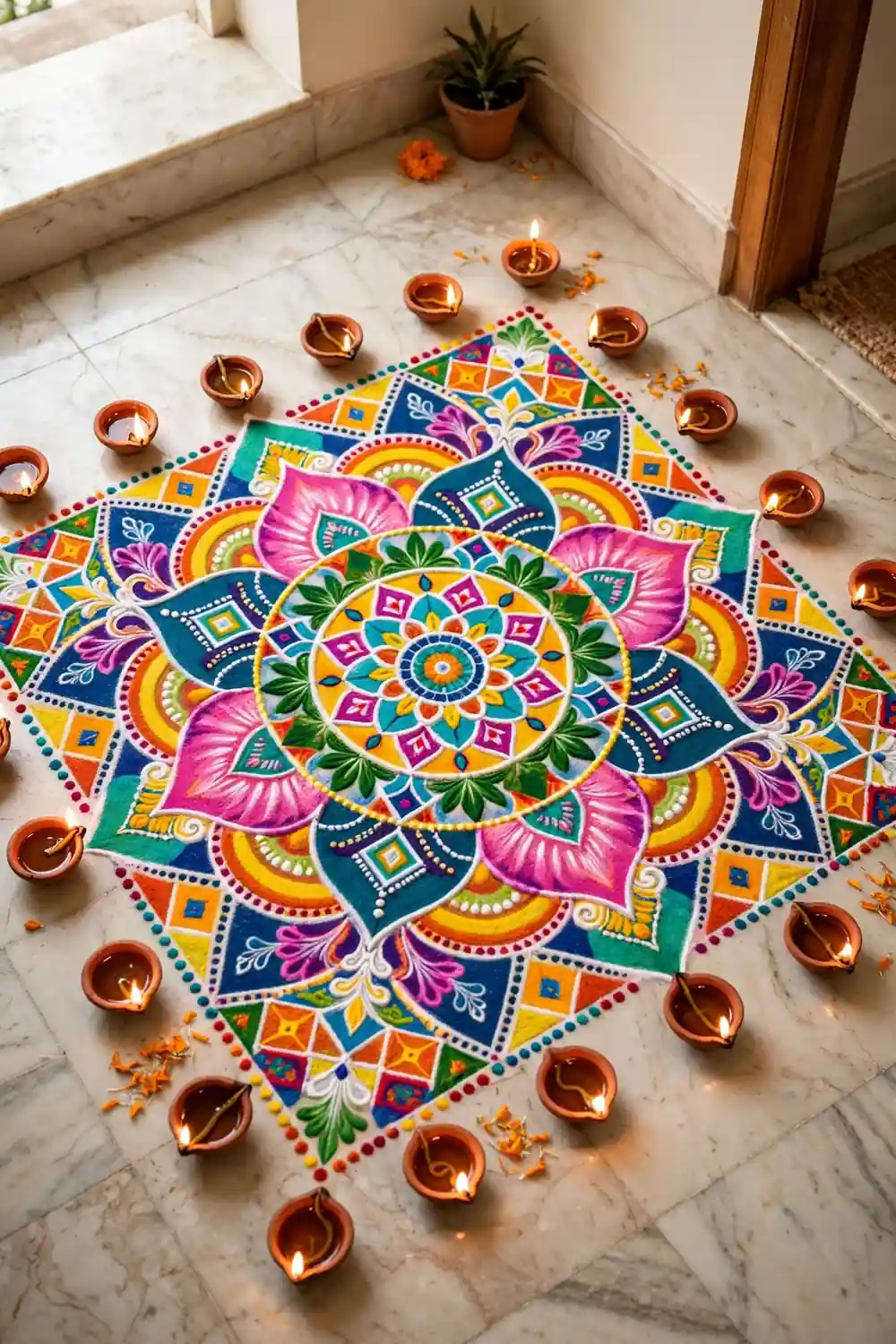 Circular rangoli surrounded by a ring of lit diyas on the floor