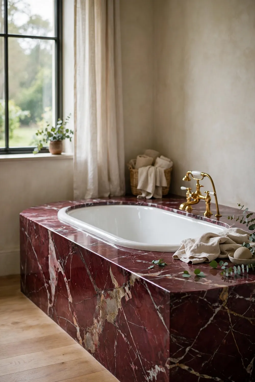 Red Marble Bathtub Surround Drop-in bathtub with a red marble bathroom surround and deck in veined burgundy stone