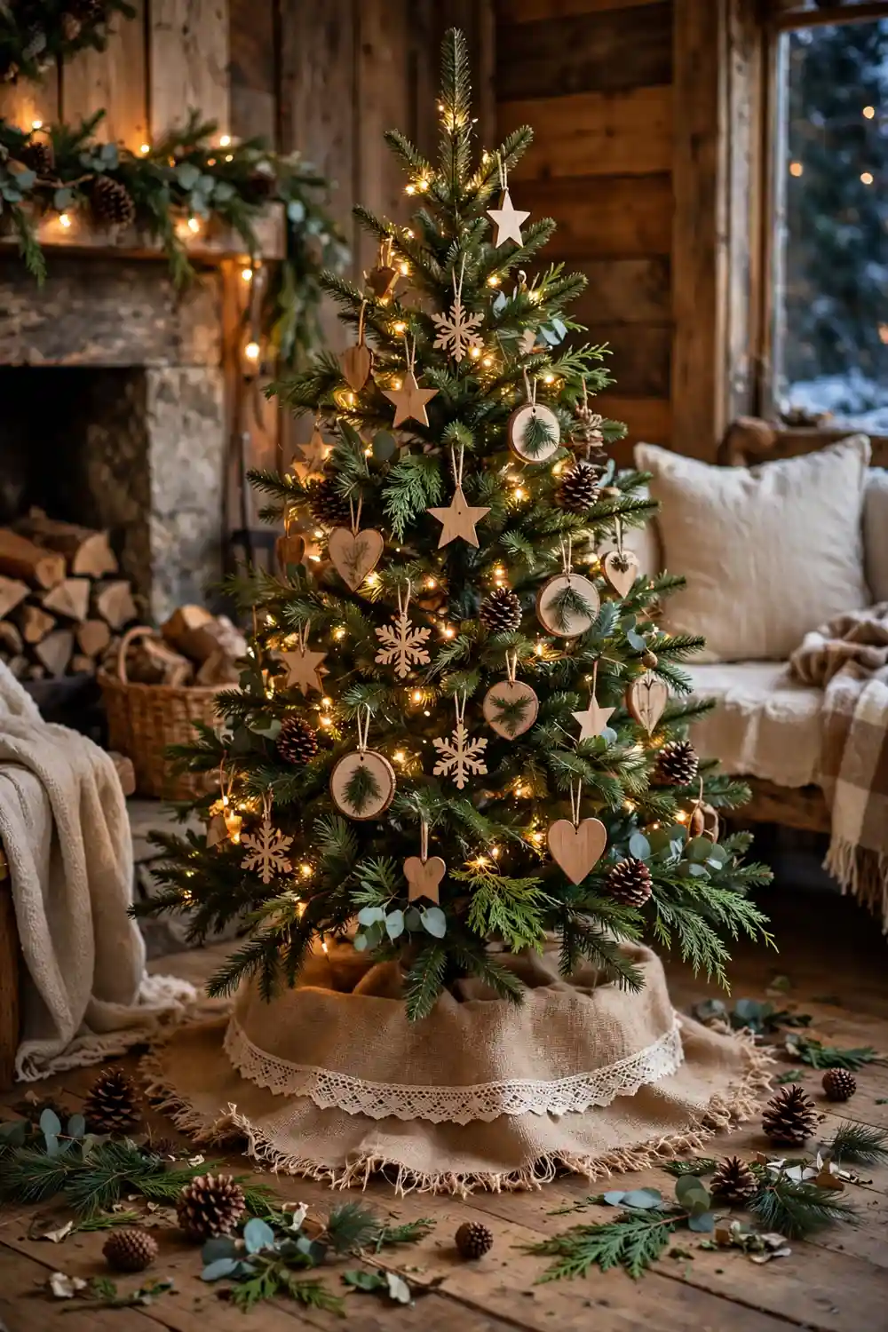 Rustic burlap Christmas tree skirt idea Rustic burlap Christmas tree skirt with frayed edges and lace ribbon trim