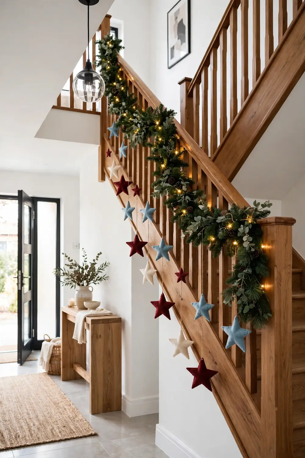 Burgundy and sky blue star garland on Christmas staircase Staircase banister with burgundy and sky blue star garland and fairy lights